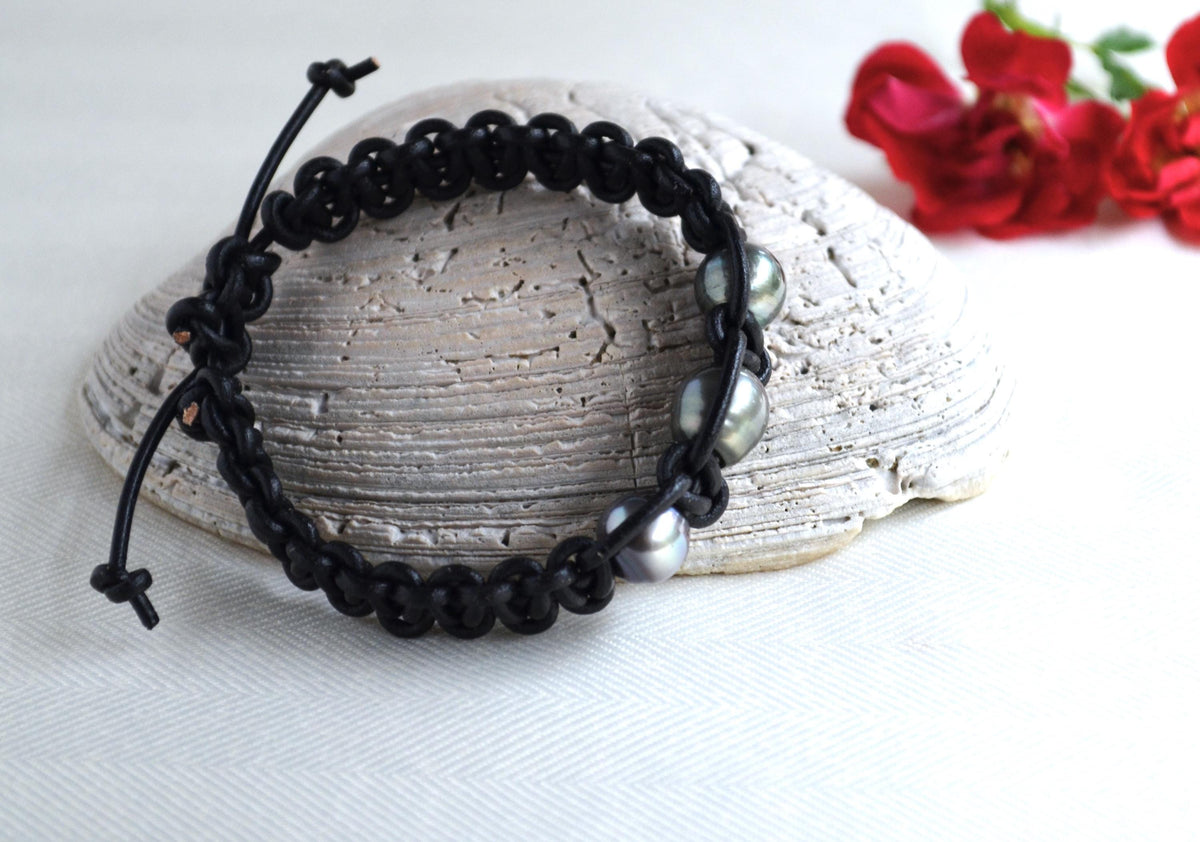 Three Tahitian Pearl Braided Greek Leather Bracelet