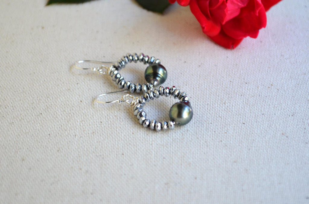 Tahitian Pearl and Hematite Earrings on Sterling Silver French Ear Wires Gift for Her