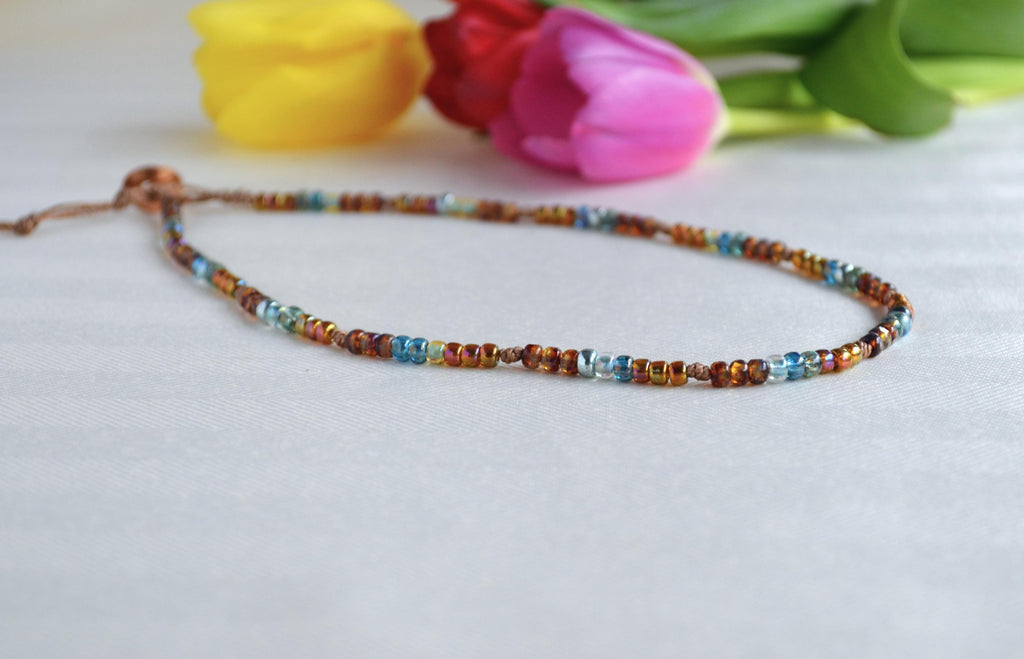 Boho Czech Glass Beaded Choker Necklace, Knotted, Button Closure