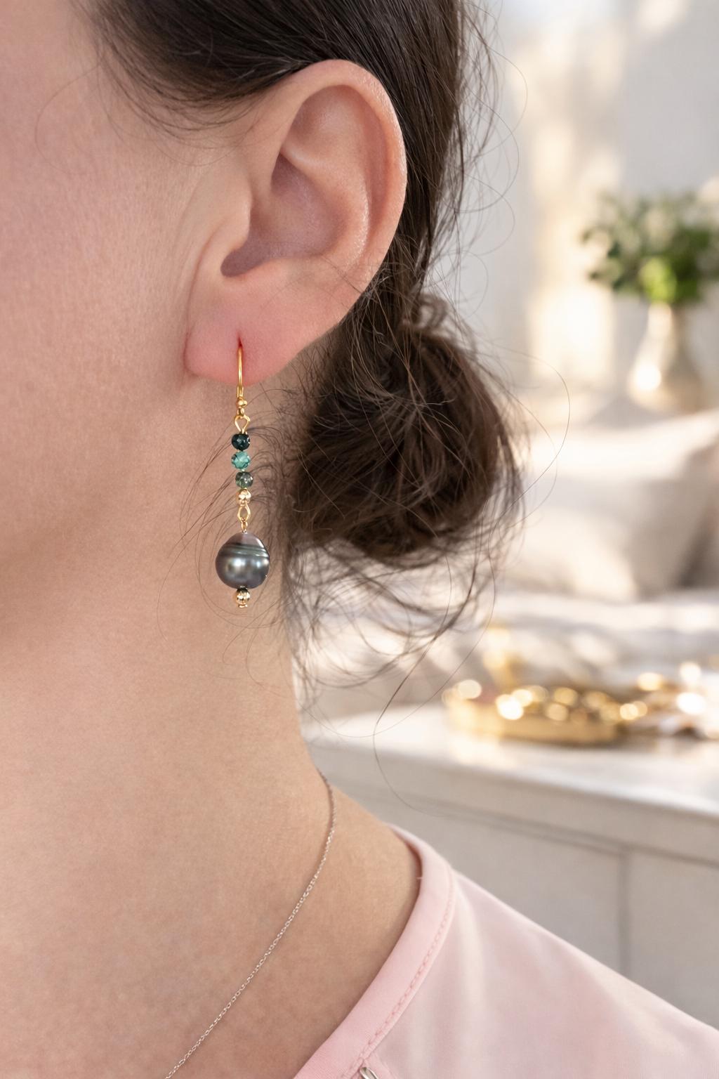 Tahitian Pearl Turquoise Dangle Earrings, Gold-Filled, Handmade Jewelry (1.5")