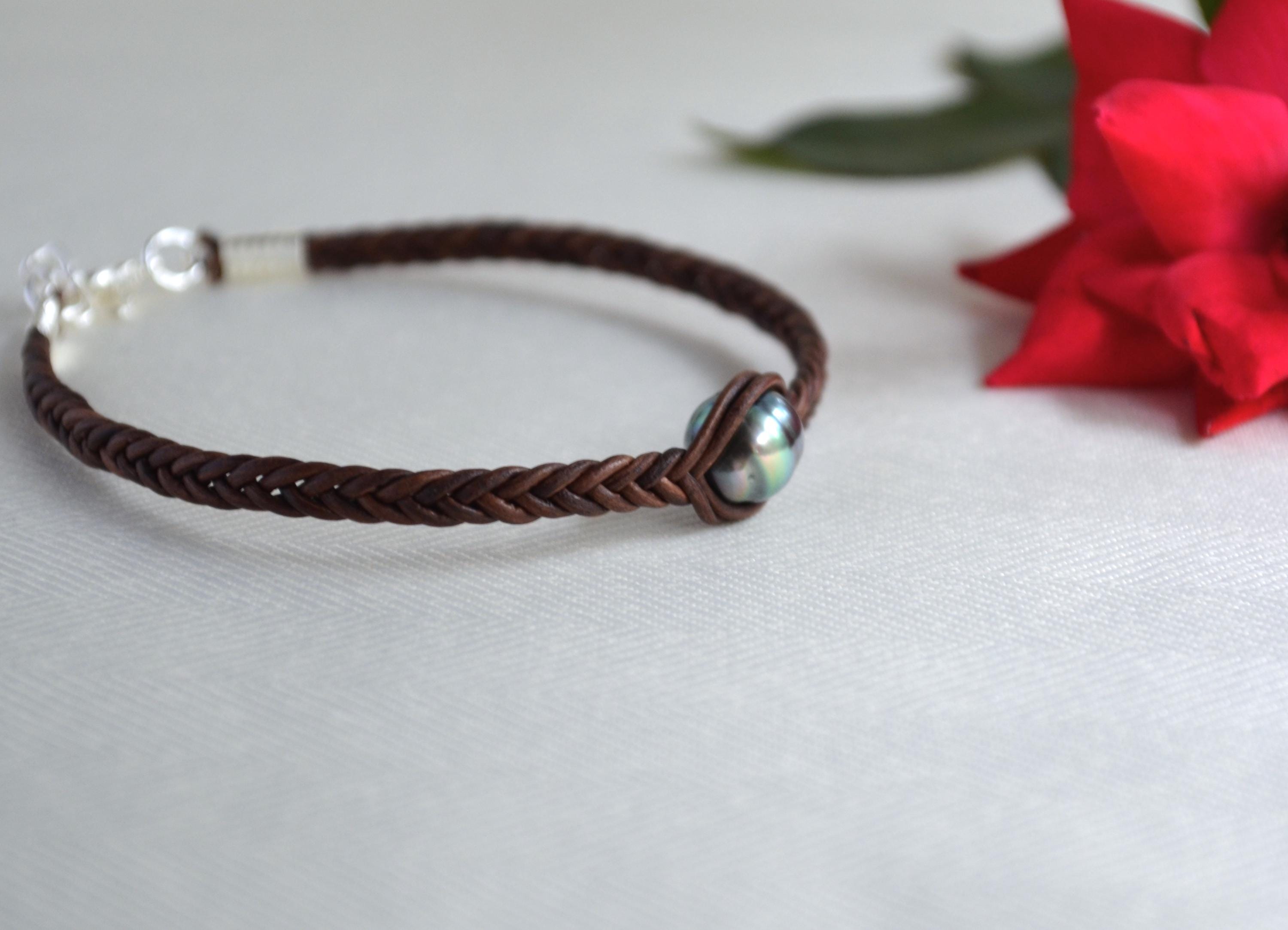 Tahitian Pearl Braided Leather Bracelet: Elegant Unisex Jewelry