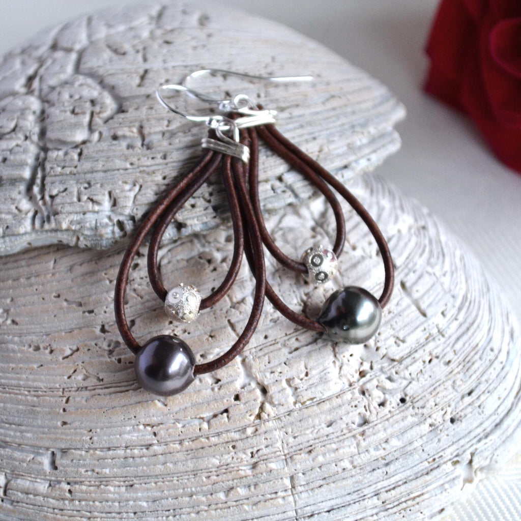 Tahitian Pearl Leather Hoop Earrings: Sterling Silver, Elegant Dangle Jewelry