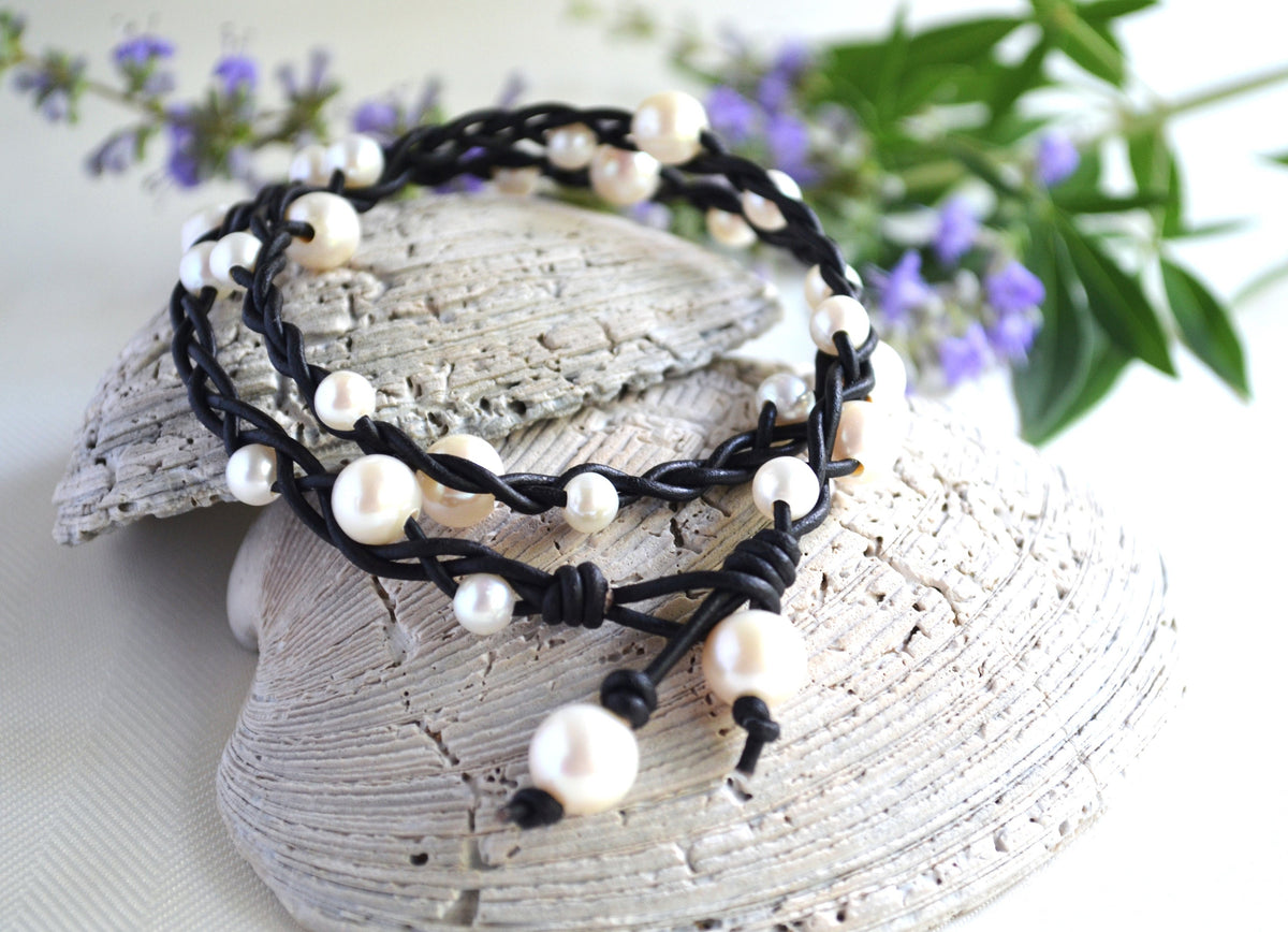 Braided Leather Necklace: White Freshwater Pearls, Boho Chic