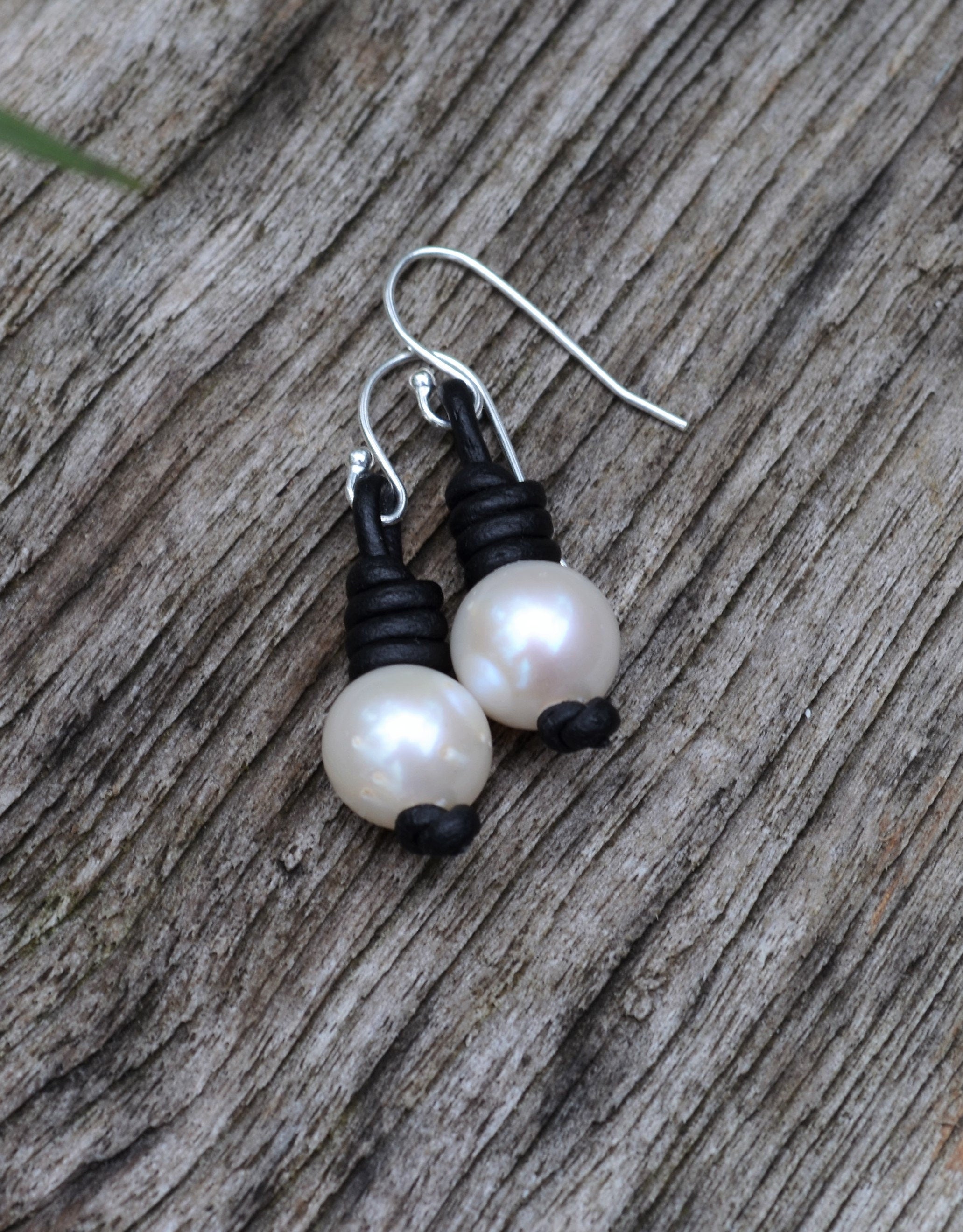 Pearl Leather Earrings: Freshwater Pearls, Boho Dangle Earrings