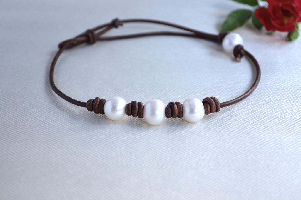 Freshwater Pearl Leather Choker: Three Wishes Necklace