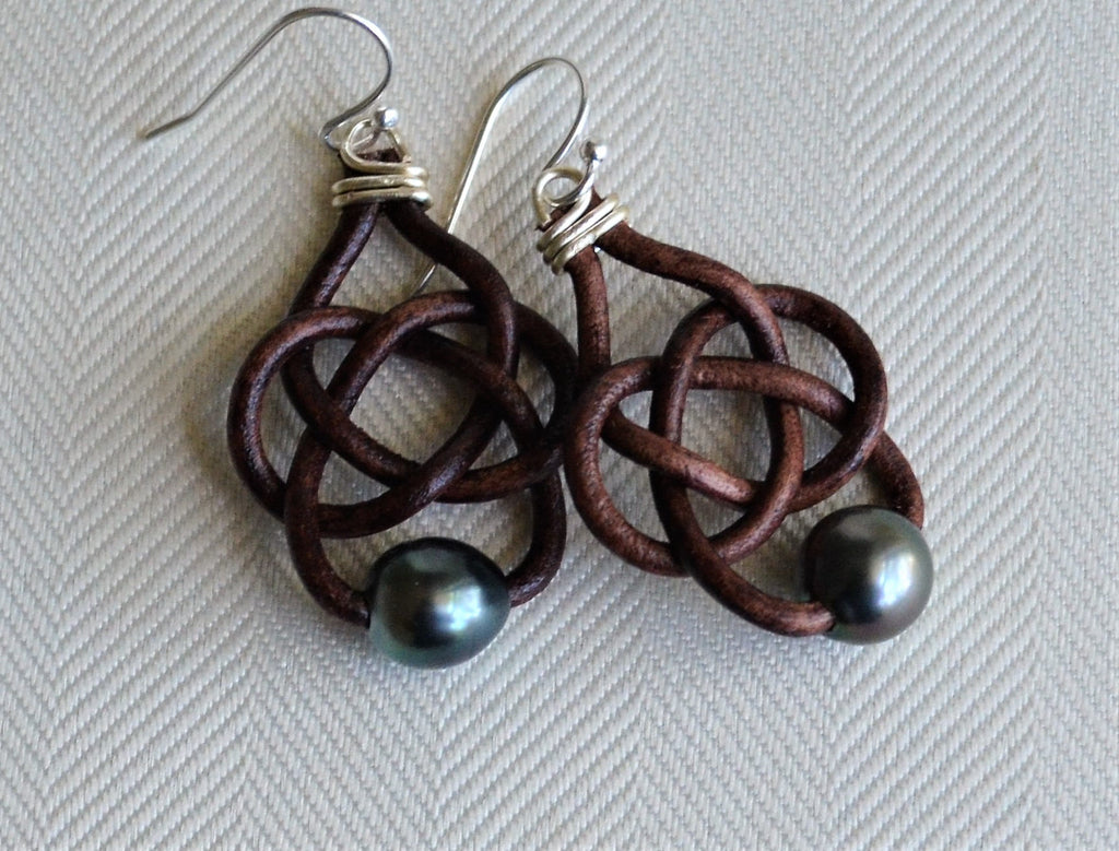 Tahitian Pearl Celtic Leather Knot Earrings with Sterling Silver Hooks