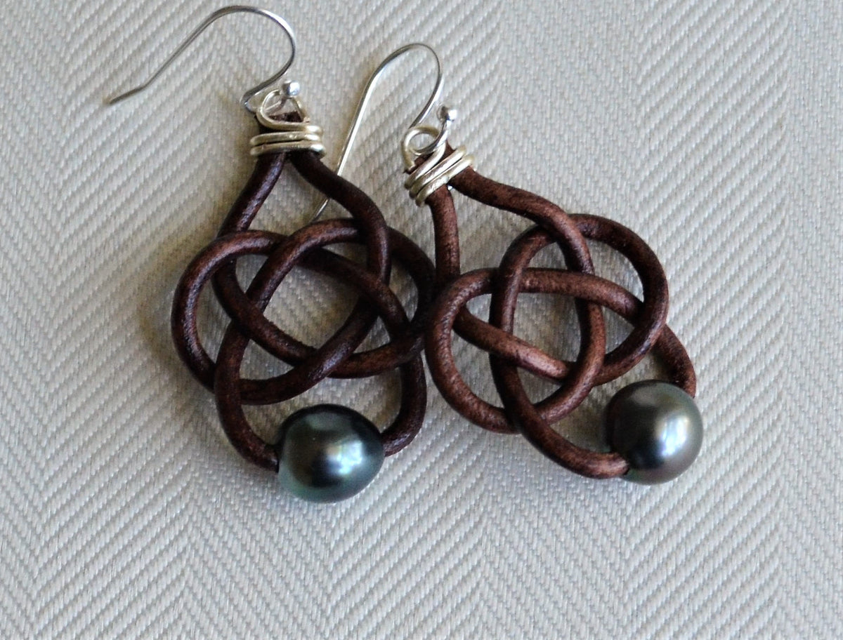 Tahitian Pearl Celtic Leather Knot Earrings with Sterling Silver Hooks