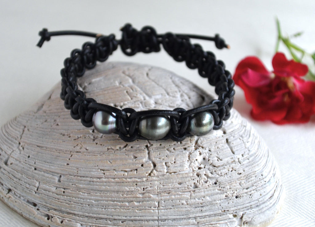 Three Tahitian Pearl Braided Greek Leather Bracelet