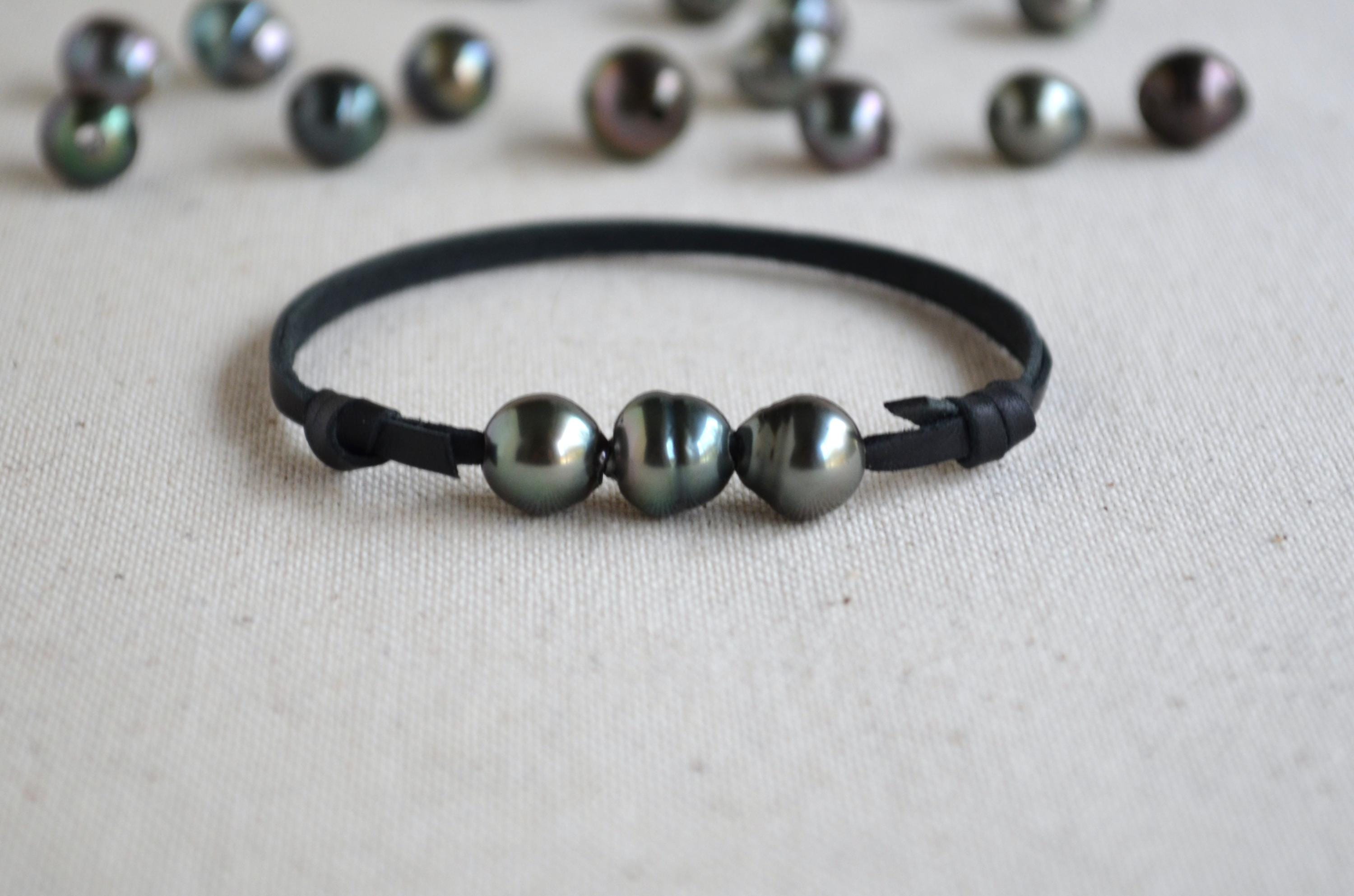 Three Tahitian Pearls Bracelet: Black Australian Leather Adjustable Bracelet