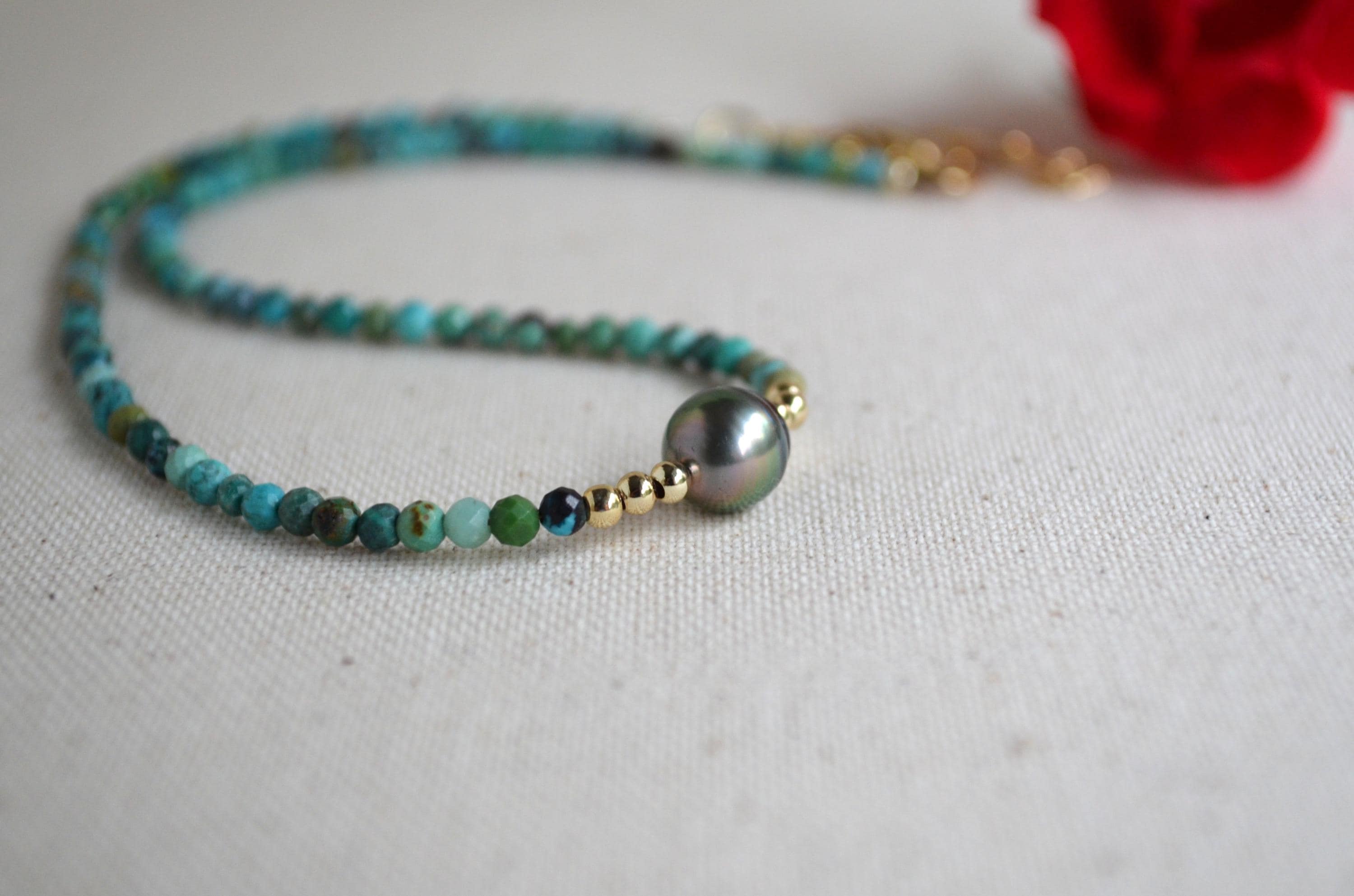 Tahitian Pearl Short Necklace, Turquoise Beaded Collar, Minimal Gold Filled Necklace, Everyday Elegant Jewelry