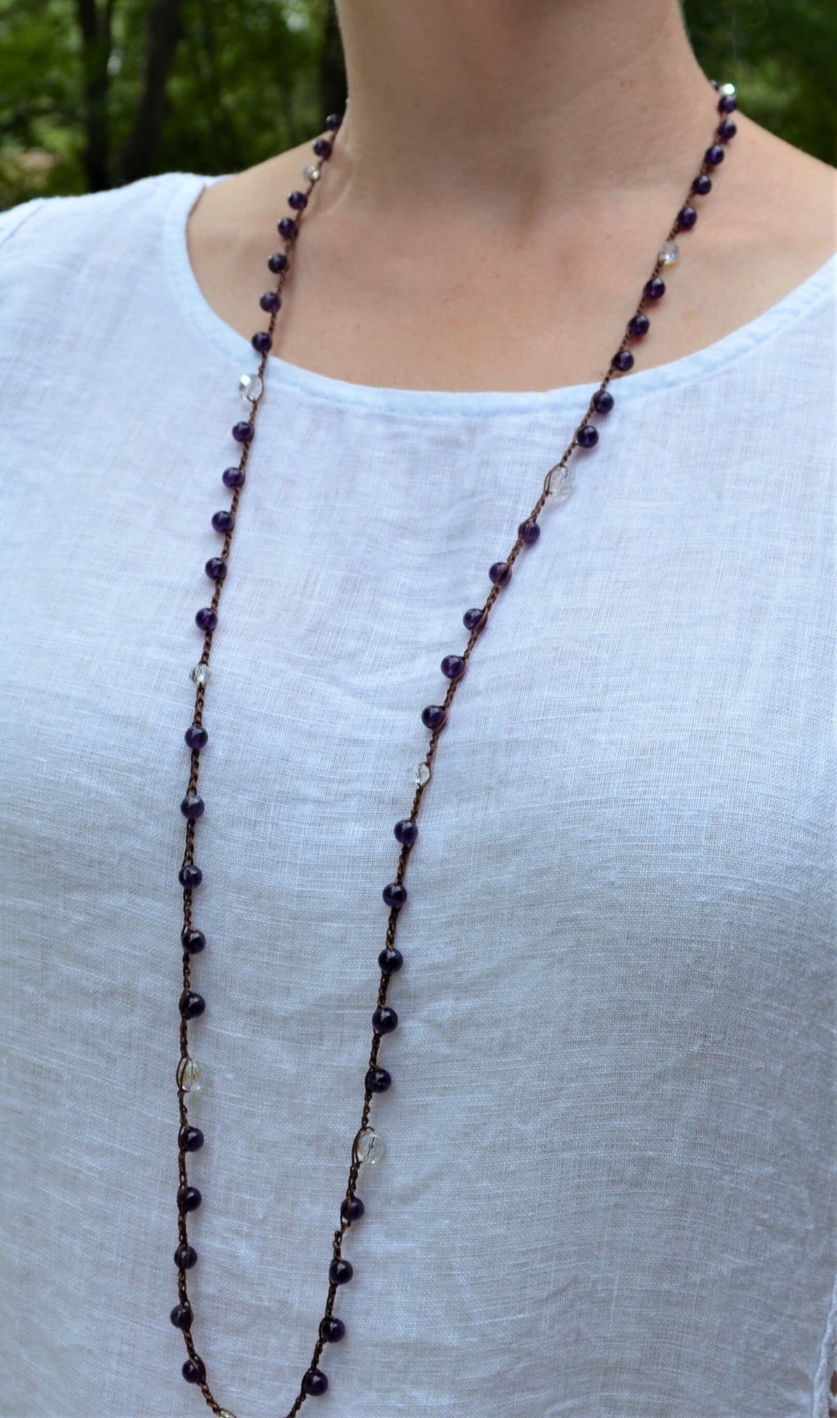 Long Amethyst Crochet Lariat Necklace: Layered Gemstone Jewelry