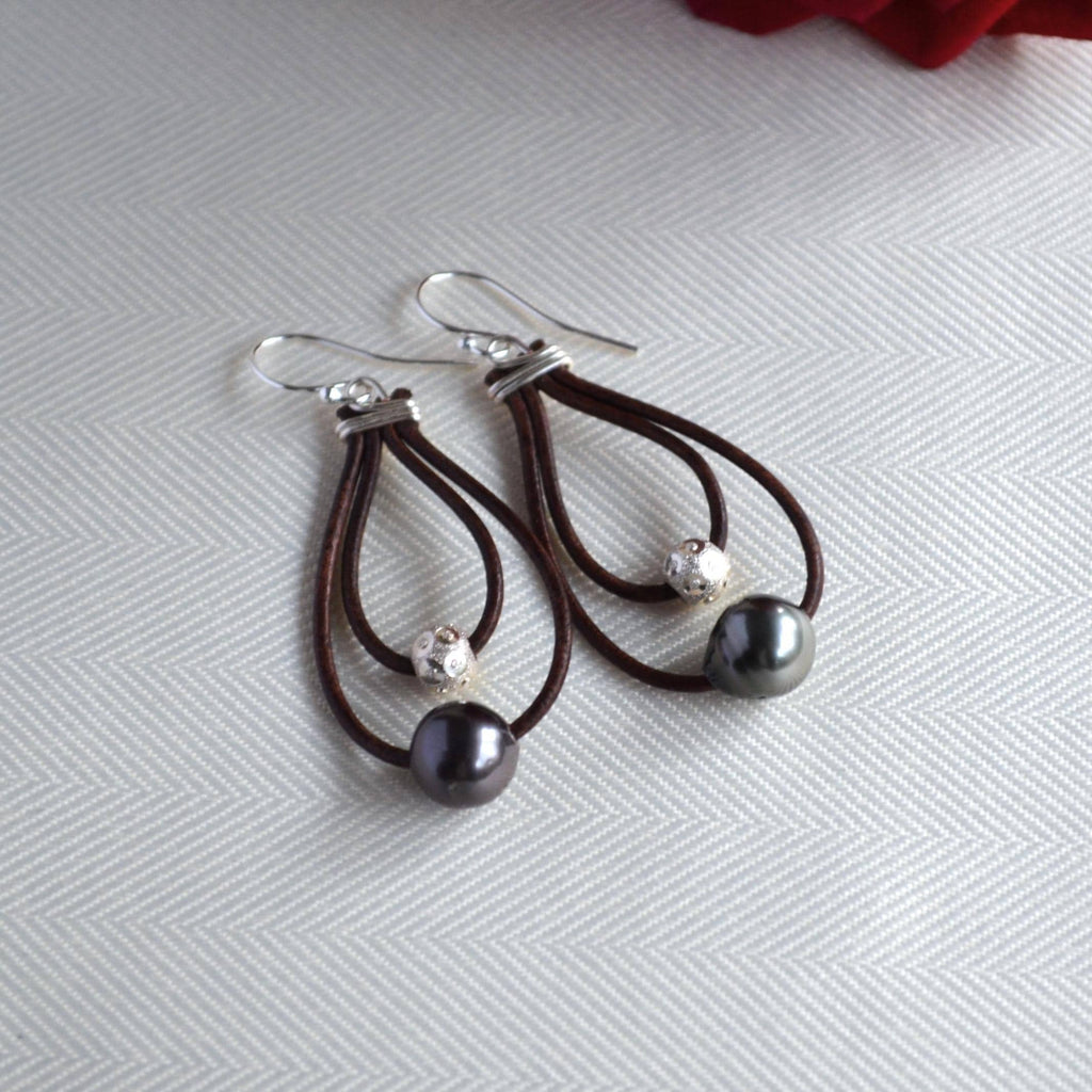 Tahitian Pearl Leather Hoop Earrings: Sterling Silver, Elegant Dangle Jewelry