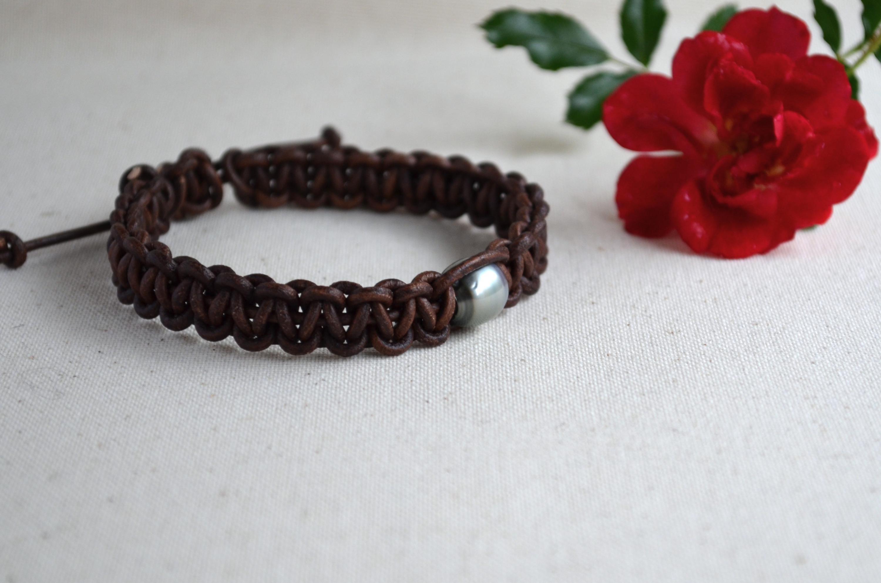 Tahitian Pearl Bracelet, Braided Leather Cuff, Boho Jewelry, Men's Bracelet