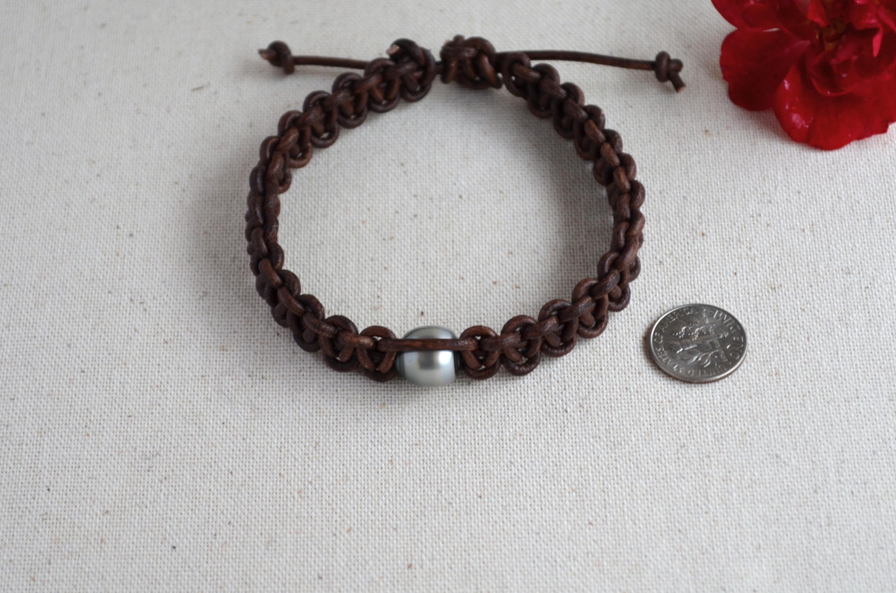 Tahitian Pearl Bracelet, Braided Leather Cuff, Boho Jewelry, Men's Bracelet