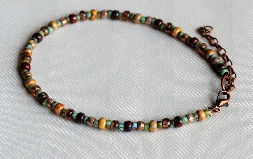 Picasso Czech Glass Beaded Anklet: Rustic Multicolor Boho Ankle Bracelet