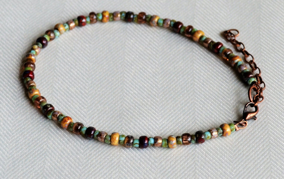 Picasso Czech Glass Beaded Anklet: Rustic Multicolor Boho Ankle Bracelet