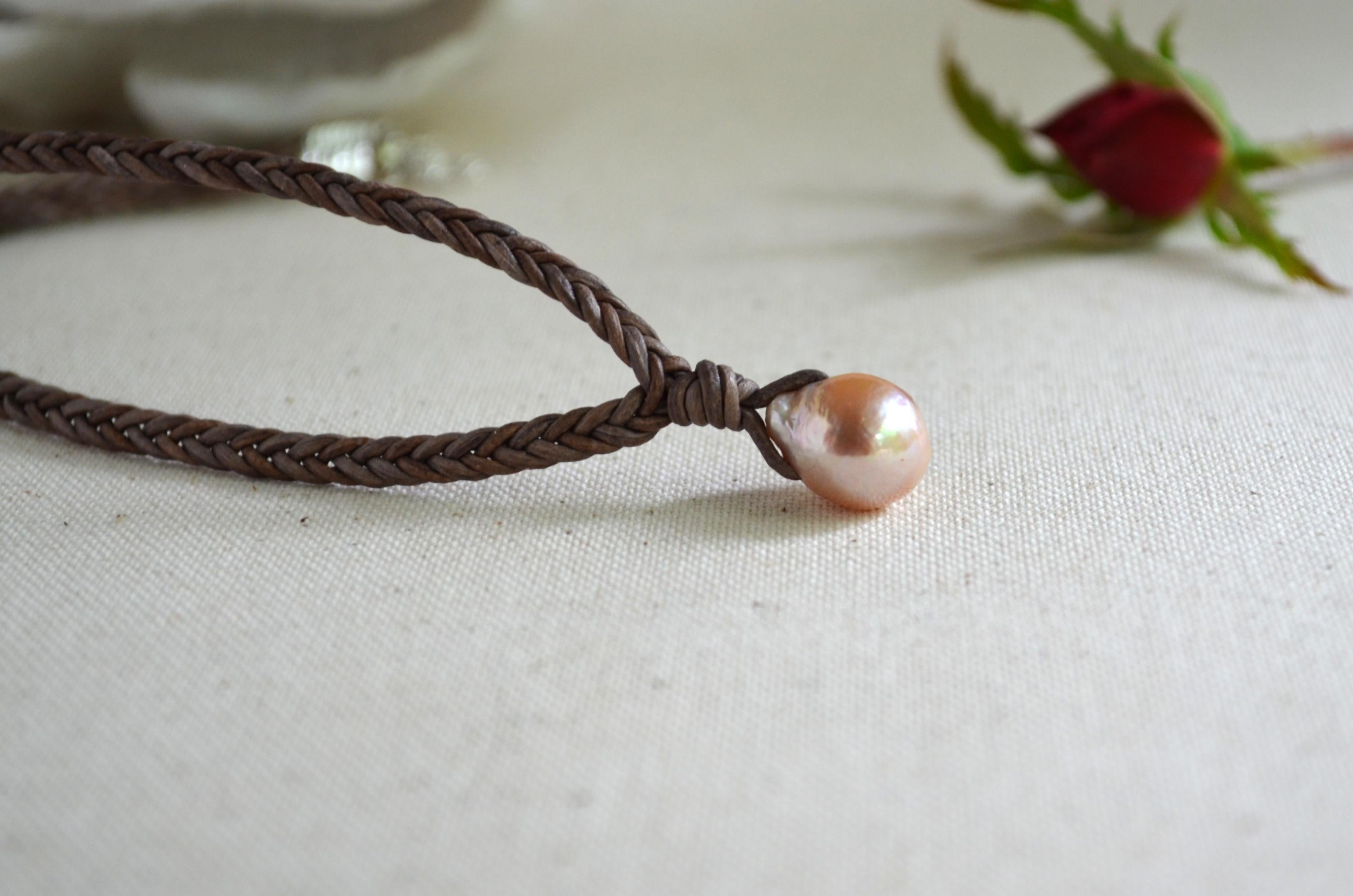 Edison Pearl Leather Necklace, Hand Braided 5-Cord Necklace, Pink Pearl Pendant 12x15 mm, Minimalist Luxury, 16” long + 2" Extender