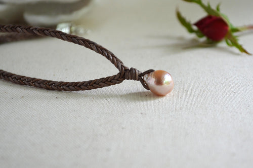 Edison Pearl Leather Necklace, Hand Braided 5-Cord Necklace, Pink Pearl Pendant 12x15 mm, Minimalist Luxury, 16” long + 2" Extender