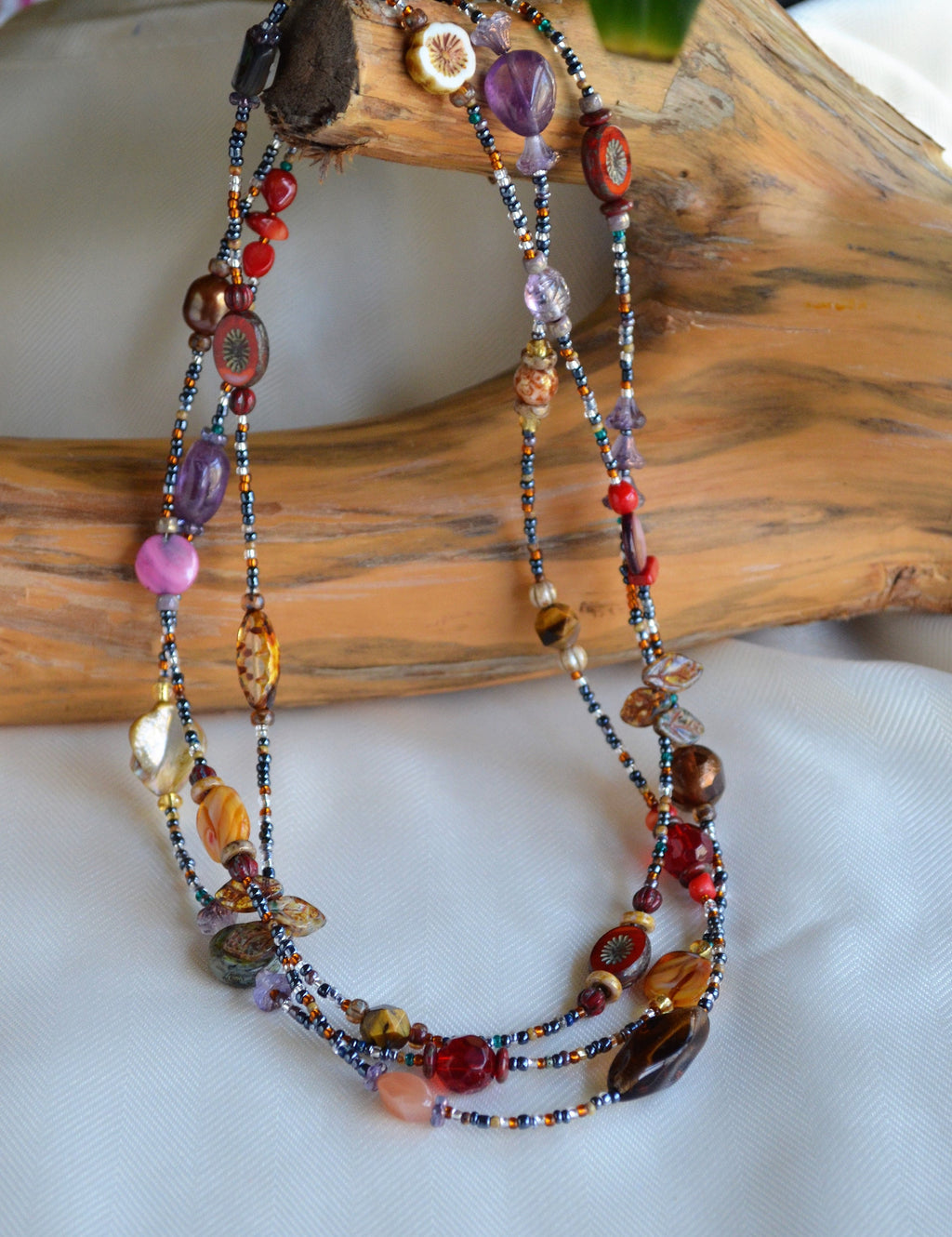 Boho Gemstone Lariat Necklace: Red Coral, Pearl & Abalone