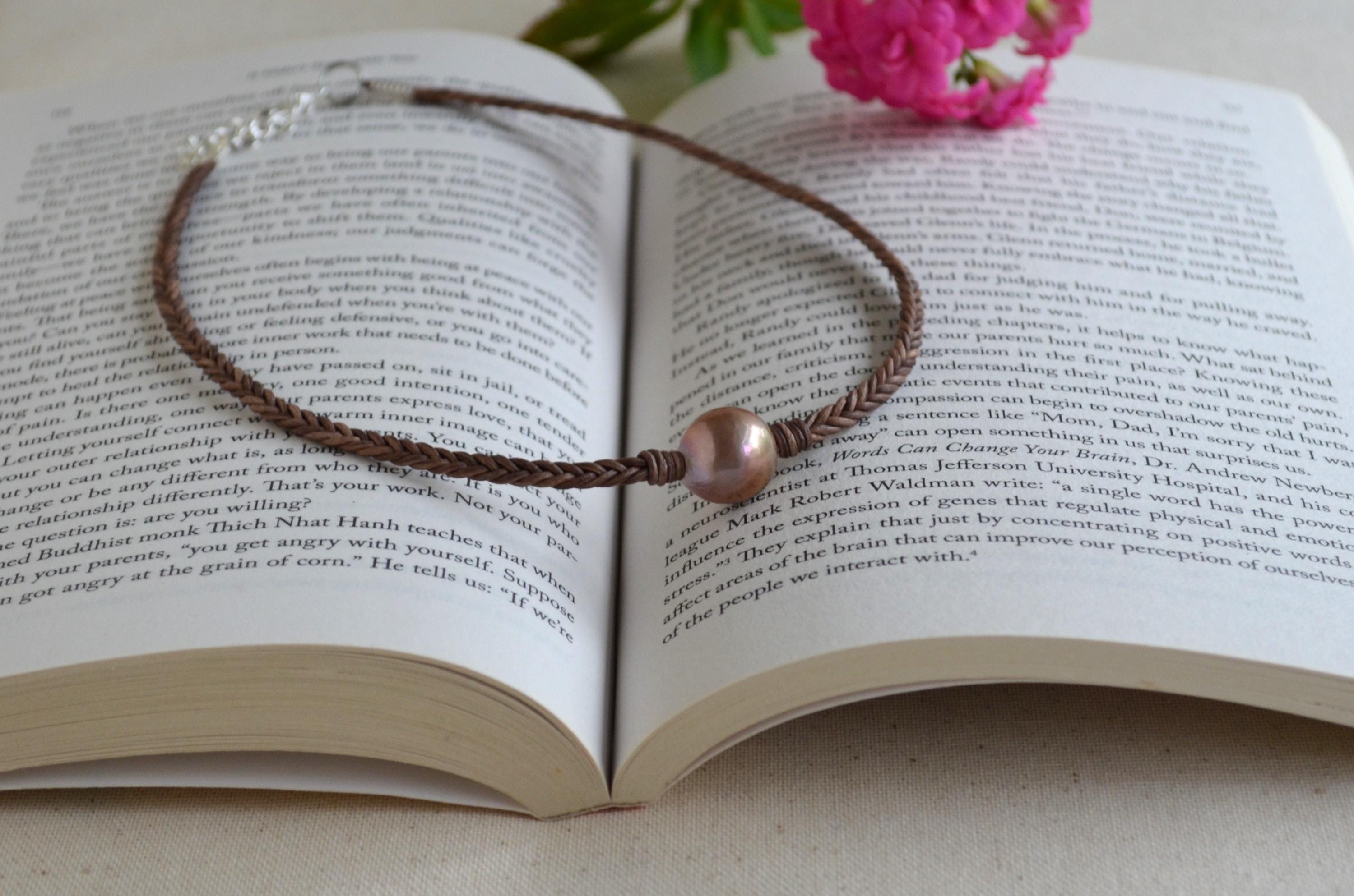 15mm Pink Edison Pearl Necklace, Braided Leather Choker, Mauve Lavender Pearl Jewelry