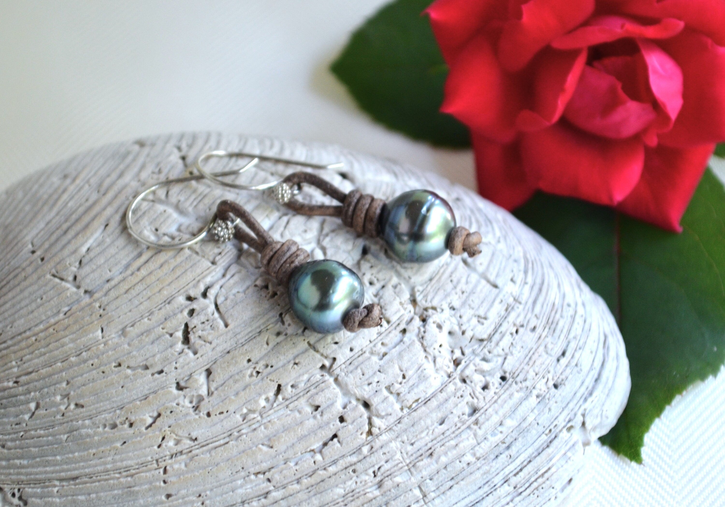 Tahitian Pearl Earrings: Sterling Silver, Brown Leather, Elegant Jewelry