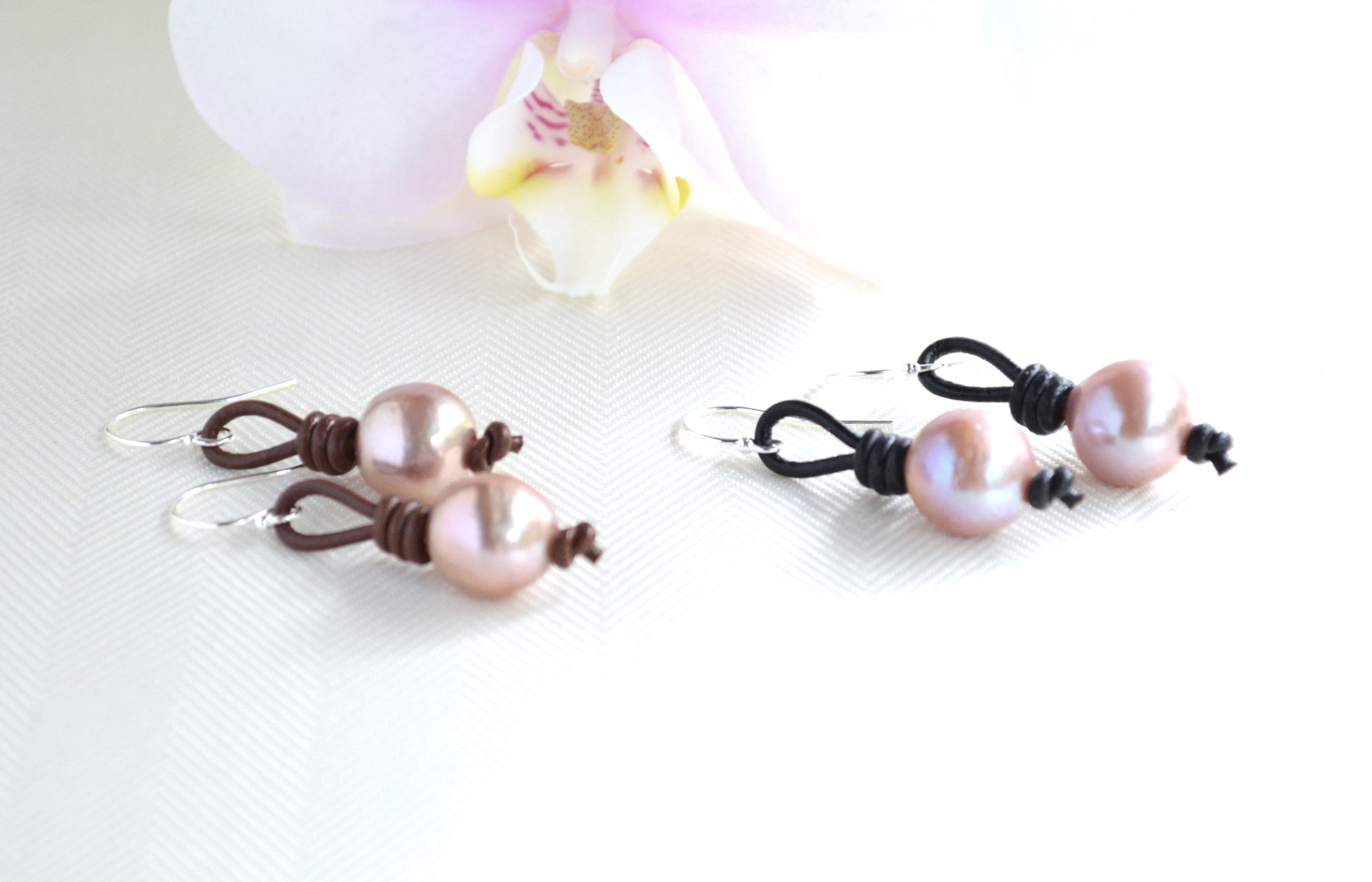Edison Pearl Drop Earrings: Pink Freshwater Pearls, Sterling Silver & Leather