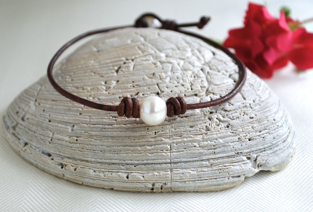 Freshwater Pearl Leather Anklet: Minimalist Boho Ankle Bracelet