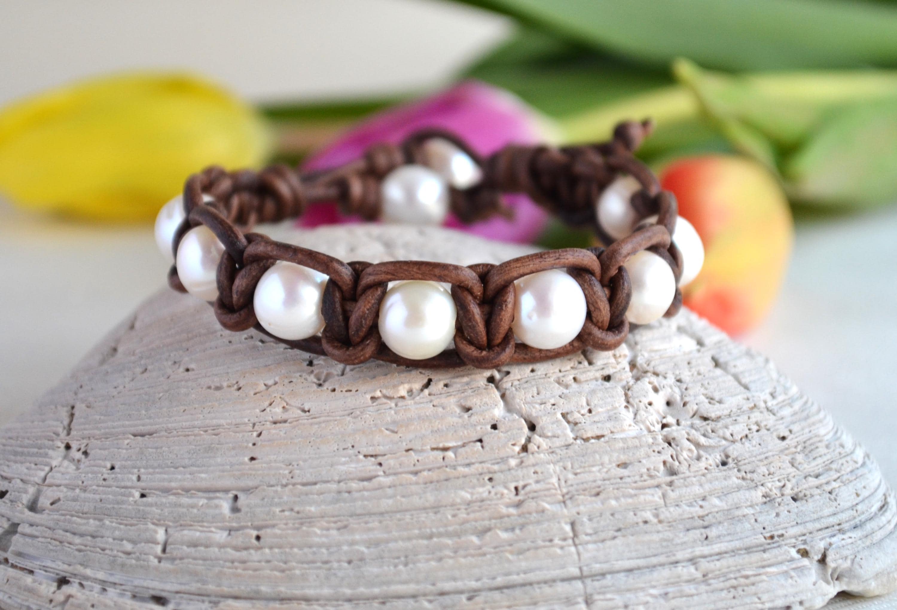 White Freshwater Pearl Leather Bracelet: Handmade Boho Chic Jewelry