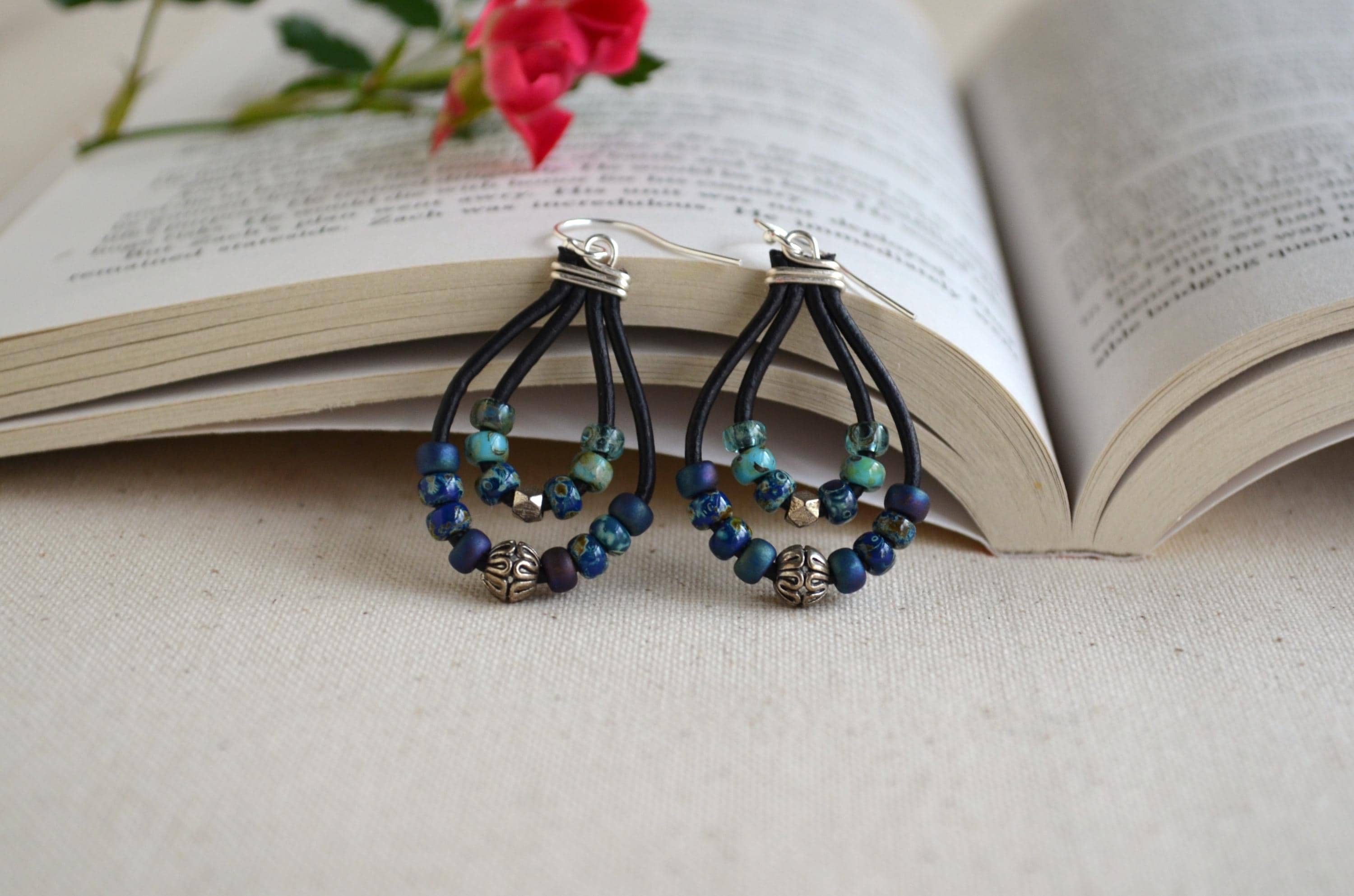 Blue Green Picasso Czech Bead Earrings, Sterling Silver, Leather Cord