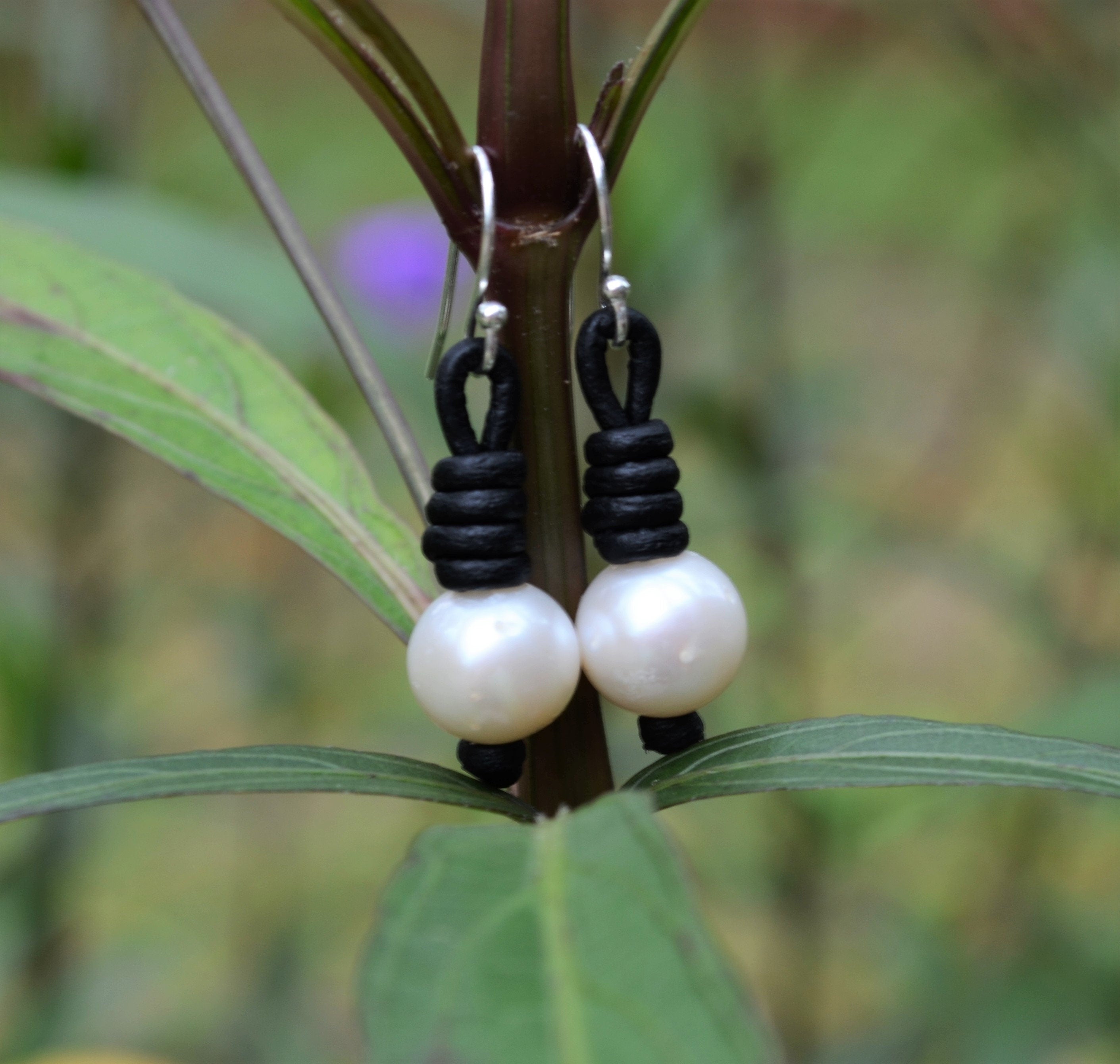 Pearl Leather Earrings: Freshwater Pearls, Boho Dangle Earrings
