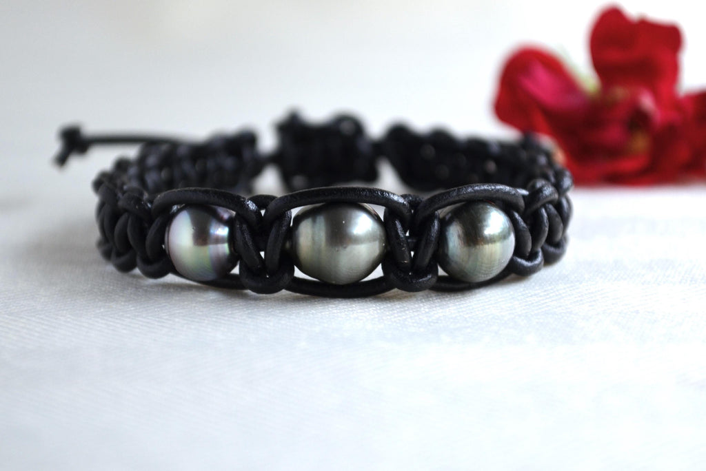 Three Tahitian Pearl Braided Greek Leather Bracelet