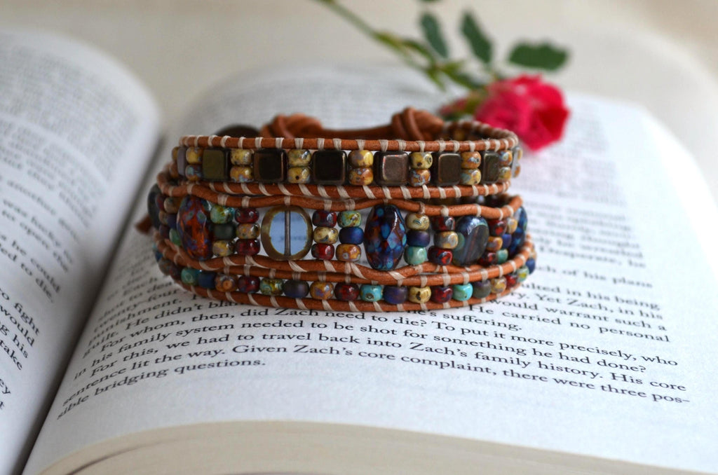 Dragonfly Beaded Leather Wrap Bracelet, Czech Glass Three Wrap