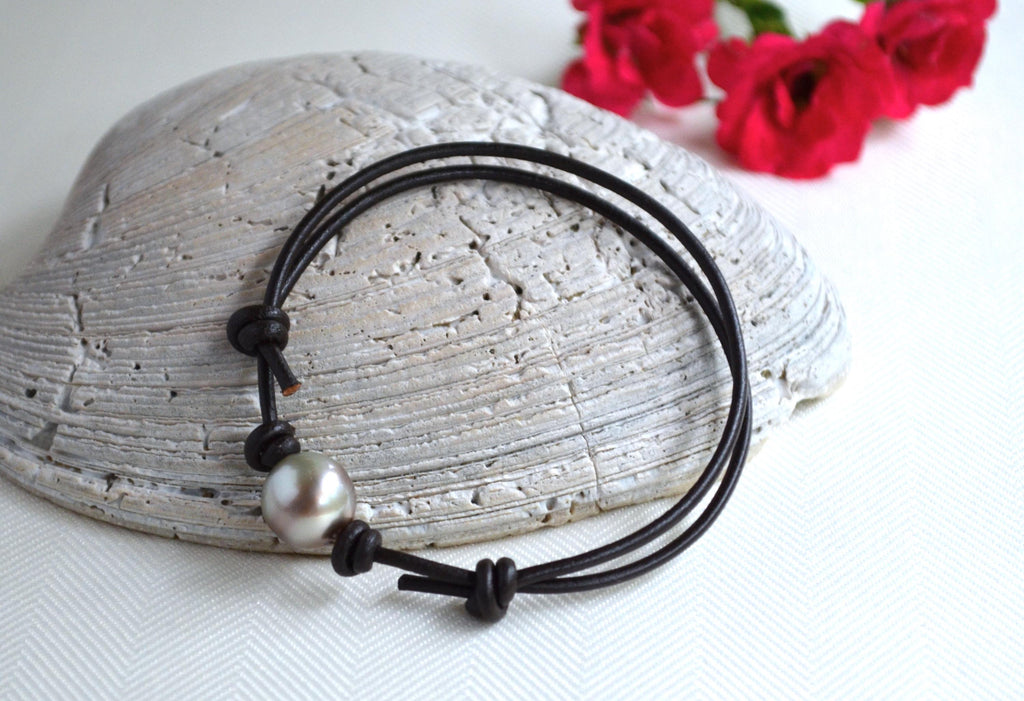 Tahitian Pearl Bracelet: Unisex Dark Brown Greek Leather, LARGE Pearl, Adjustable Jewelry