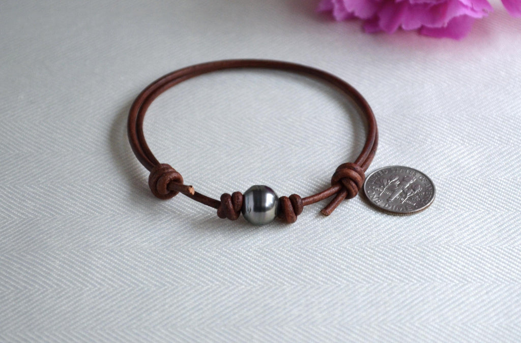 Tahitian Pearl Bracelet: Light Brown Greek Leather, Adjustable