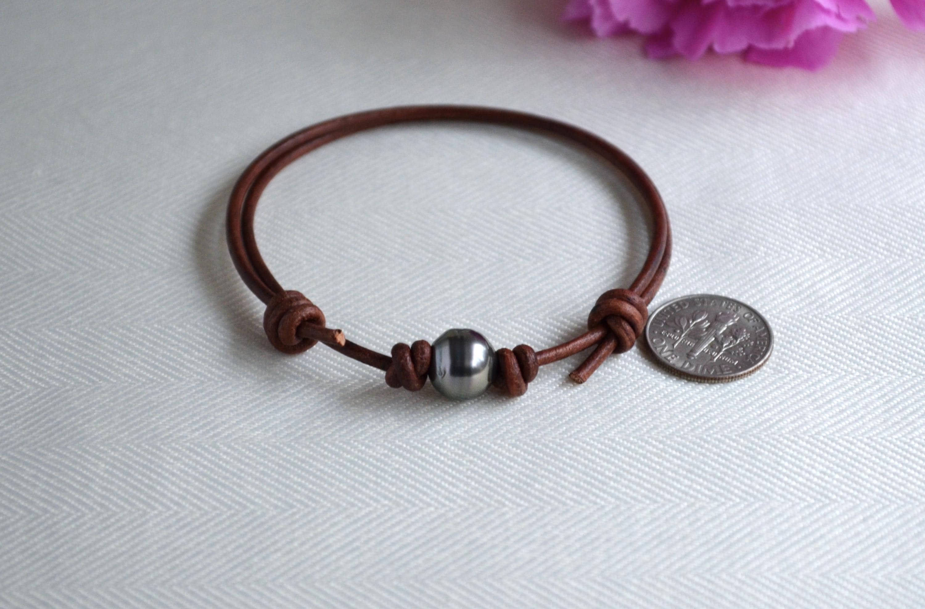 Tahitian Pearl Bracelet: Light Brown Greek Leather, Adjustable
