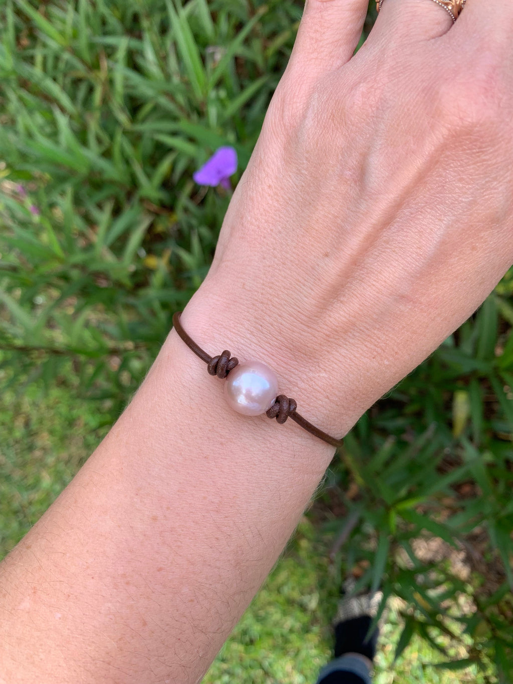 Mauve Edison Pearl Bracelet, Greek Leather, Silver Plated Clasp