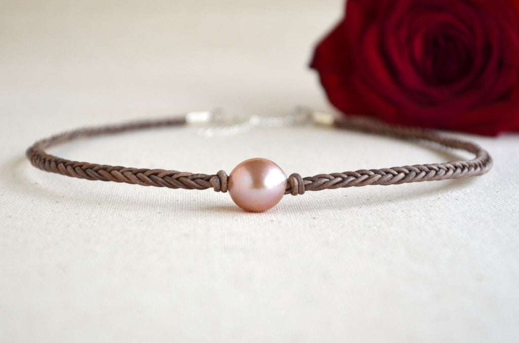 Hand Braided Leather Choker, Pink Edison Pearl Short Necklace