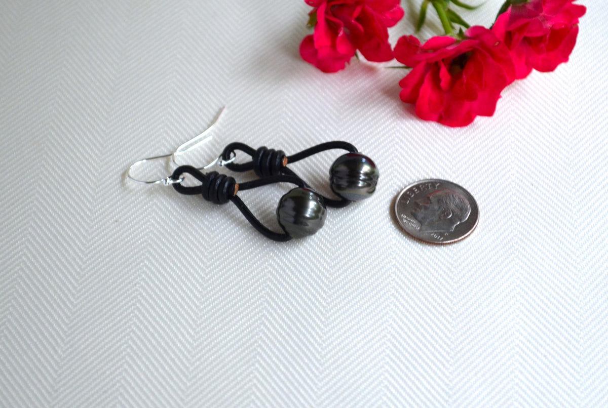Tahitian Pearl Earrings: Sterling Silver, Black Leather Dangle Earrings