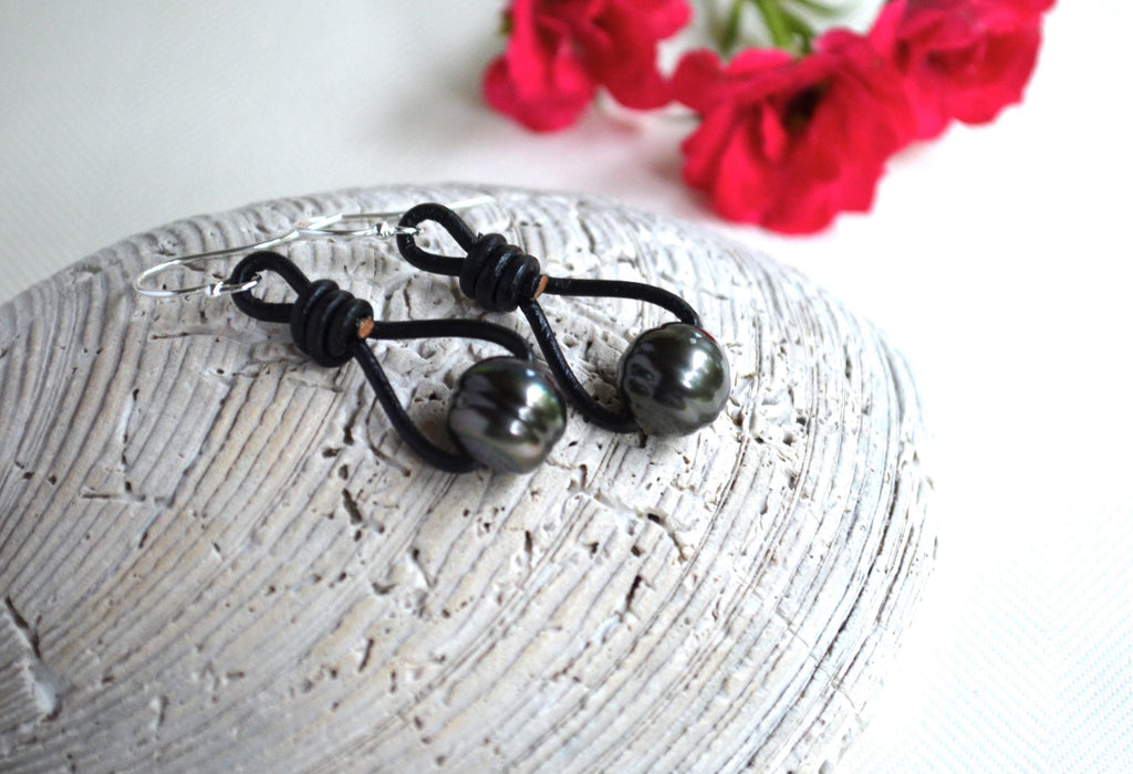 Tahitian Pearl Earrings: Sterling Silver, Black Leather Dangle Earrings