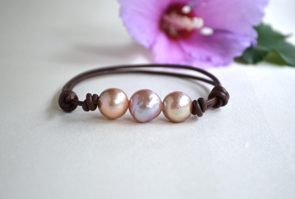 Triple Edison Pearl Leather Bracelet, Adjustable Greek Leather Cord, 11–12mm Real Freshwater Pearls, Multi Tone Minimalist Jewelry Gift