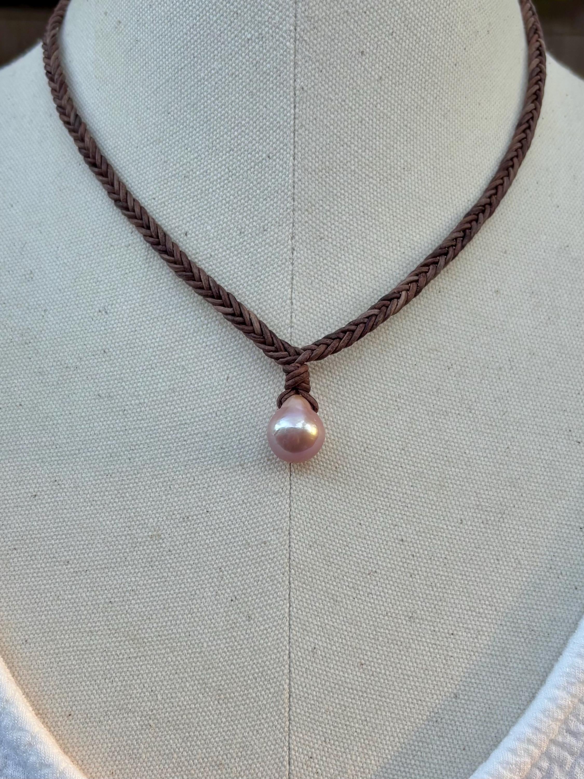Large Edison Pearl Leather Necklace, Hand Braided Brown Leather Choker, Statement Piece