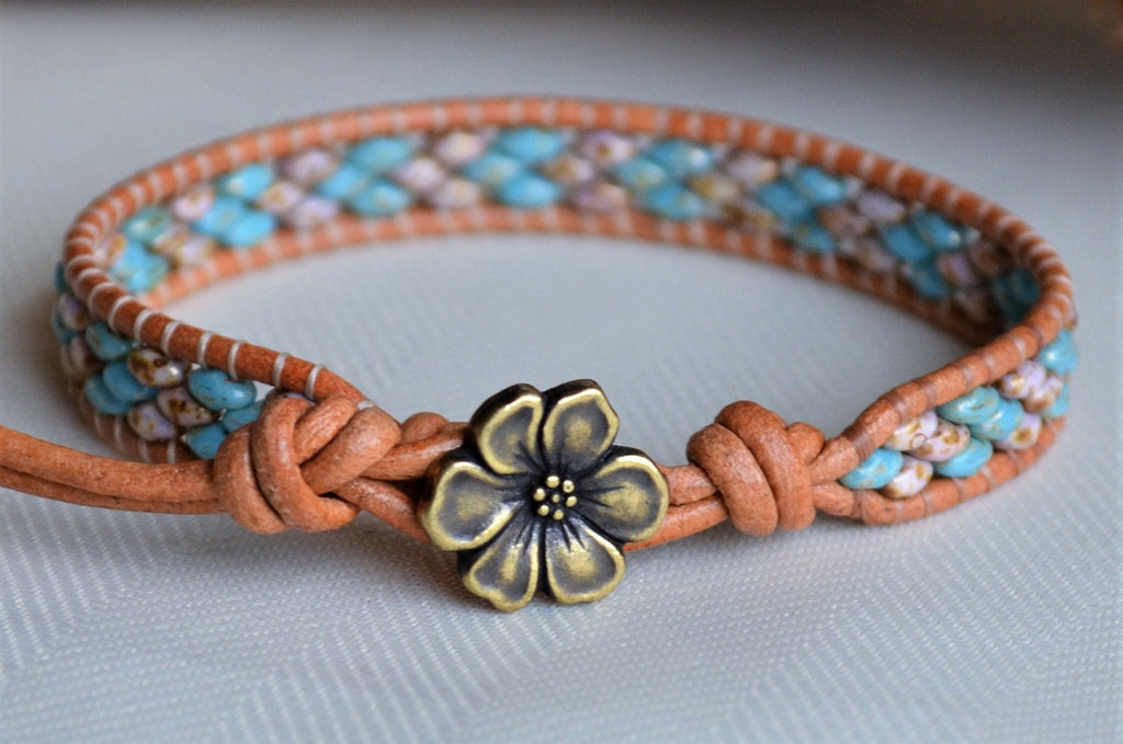 Beaded Leather Wrap Bracelet: Violet Turquoise Boho Jewelry