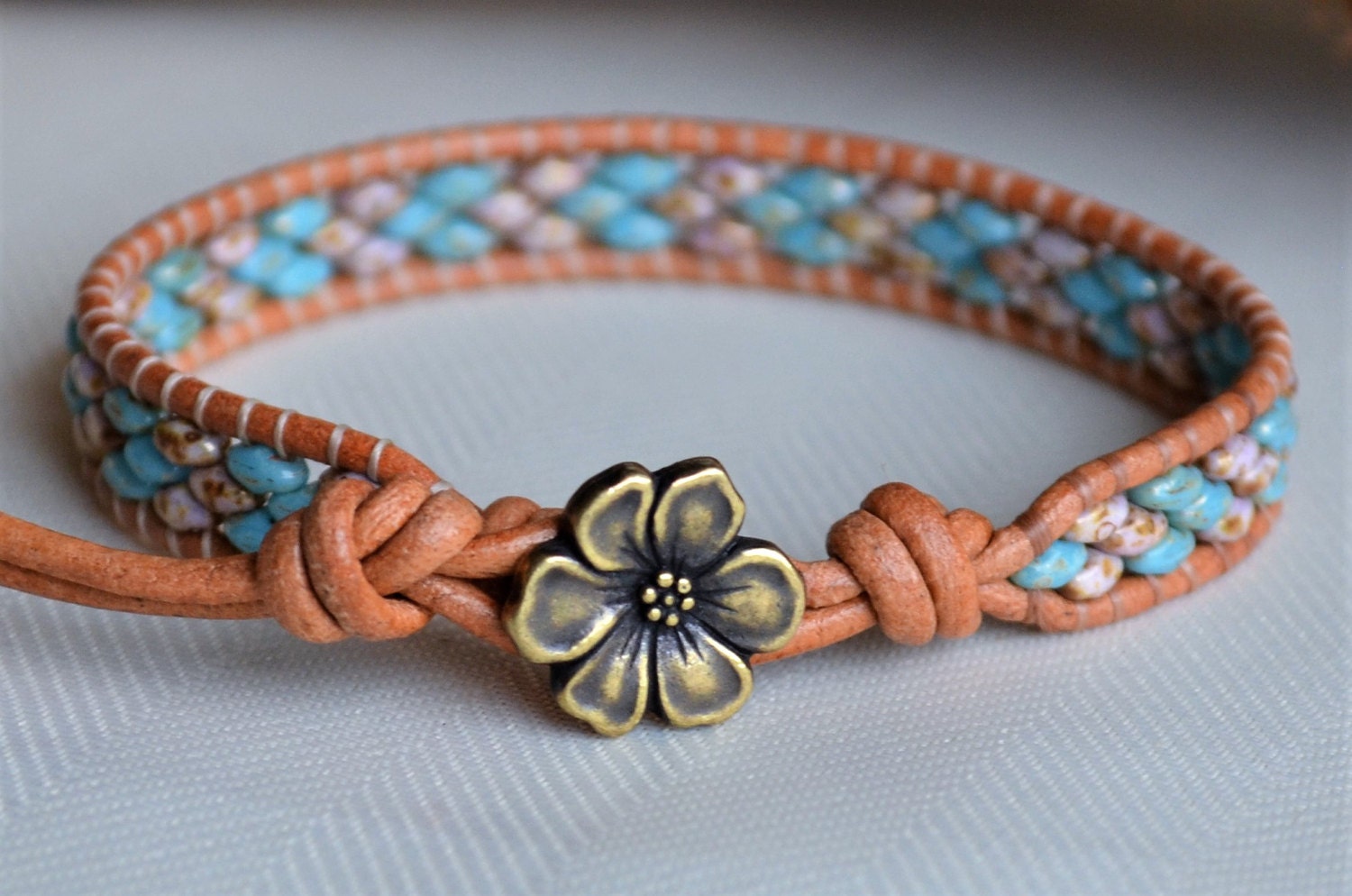 Beaded Leather Wrap Bracelet: Violet Turquoise Boho Jewelry