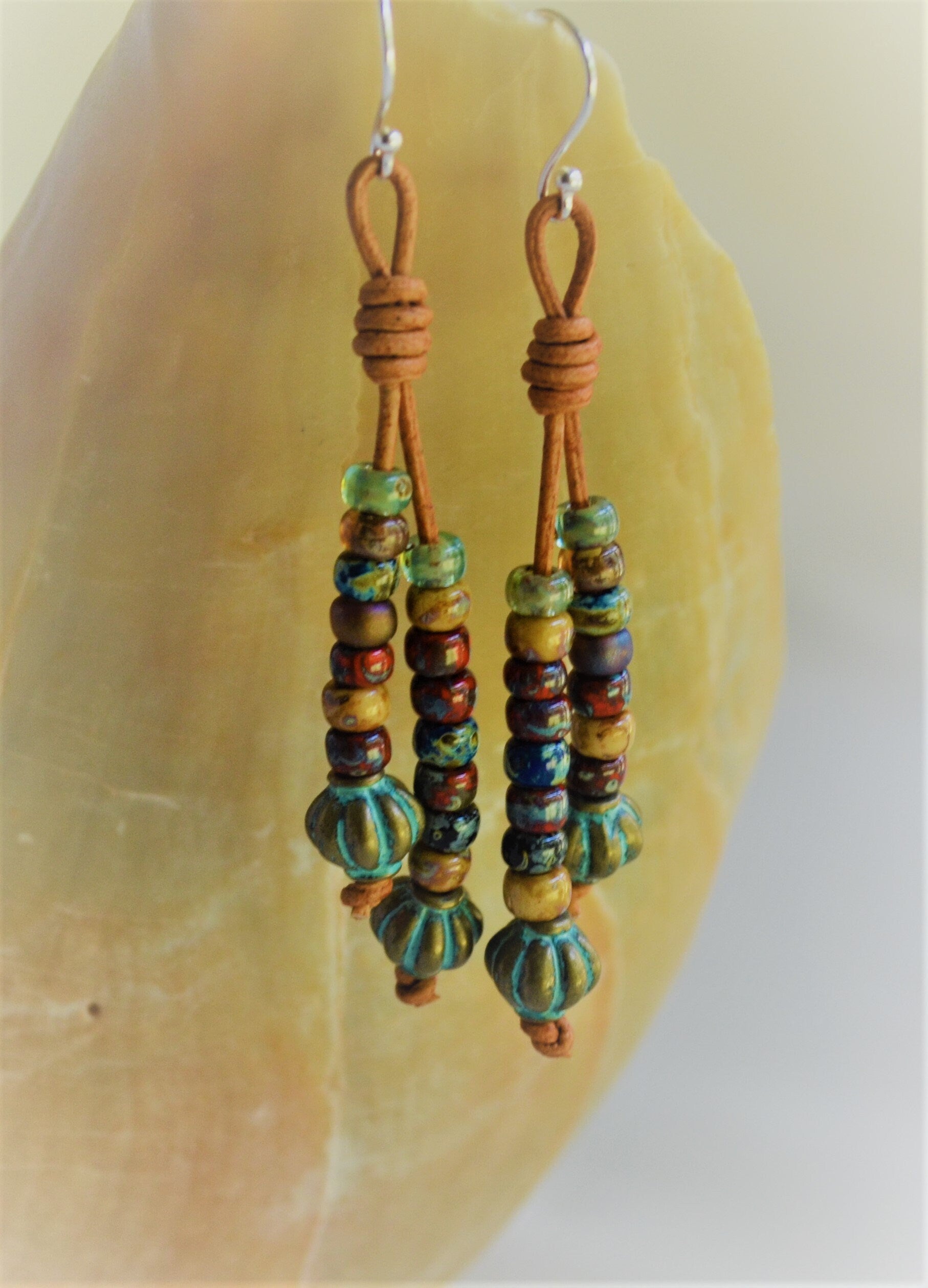 Patina Picasso Beaded Leather Earrings: Sterling Silver Boho Dangles