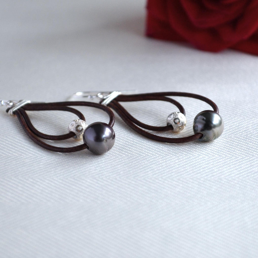 Tahitian Pearl Leather Hoop Earrings: Sterling Silver, Elegant Dangle Jewelry