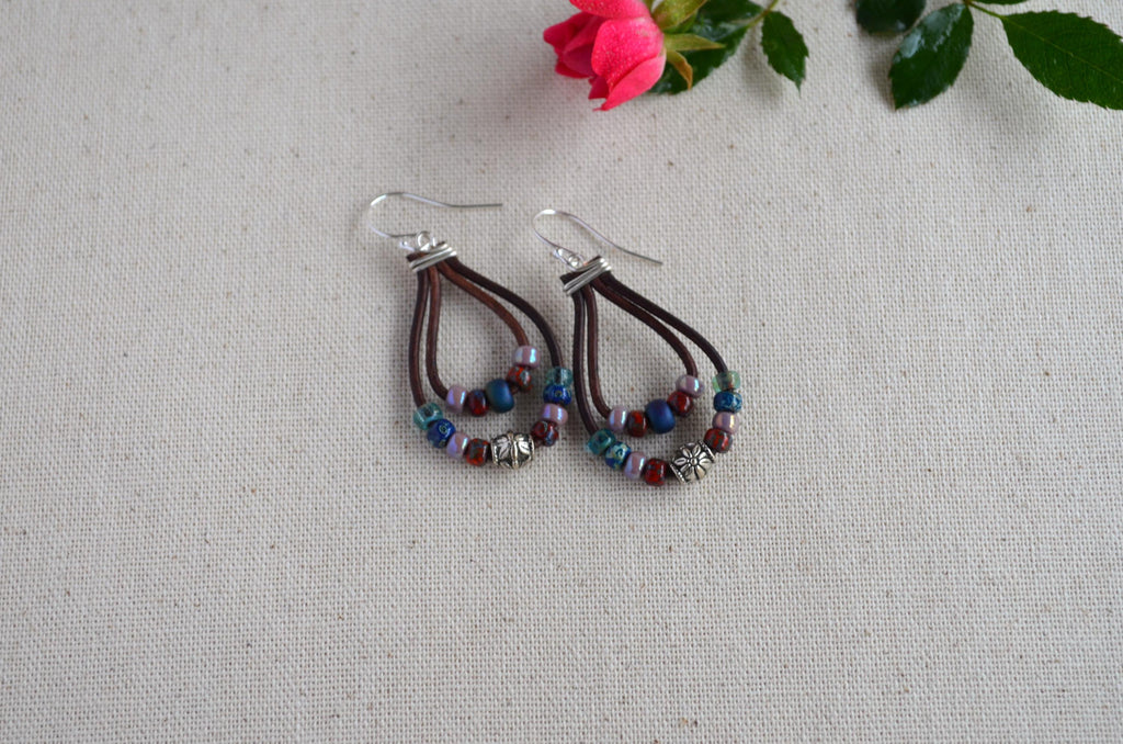 Multi-Color Picasso Bead Leather Dangle Earrings, Sterling Silver