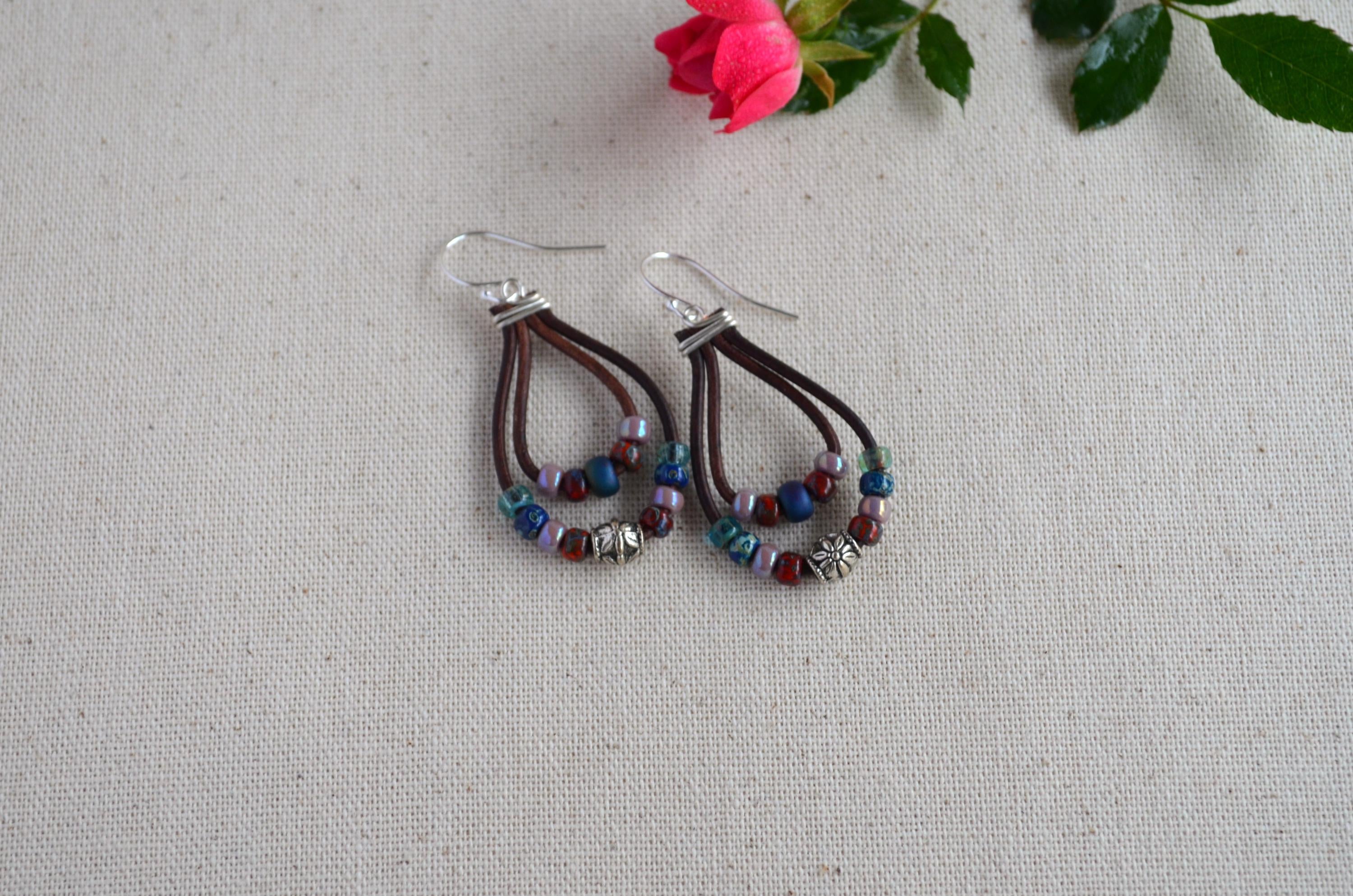 Multi-Color Picasso Bead Leather Dangle Earrings, Sterling Silver