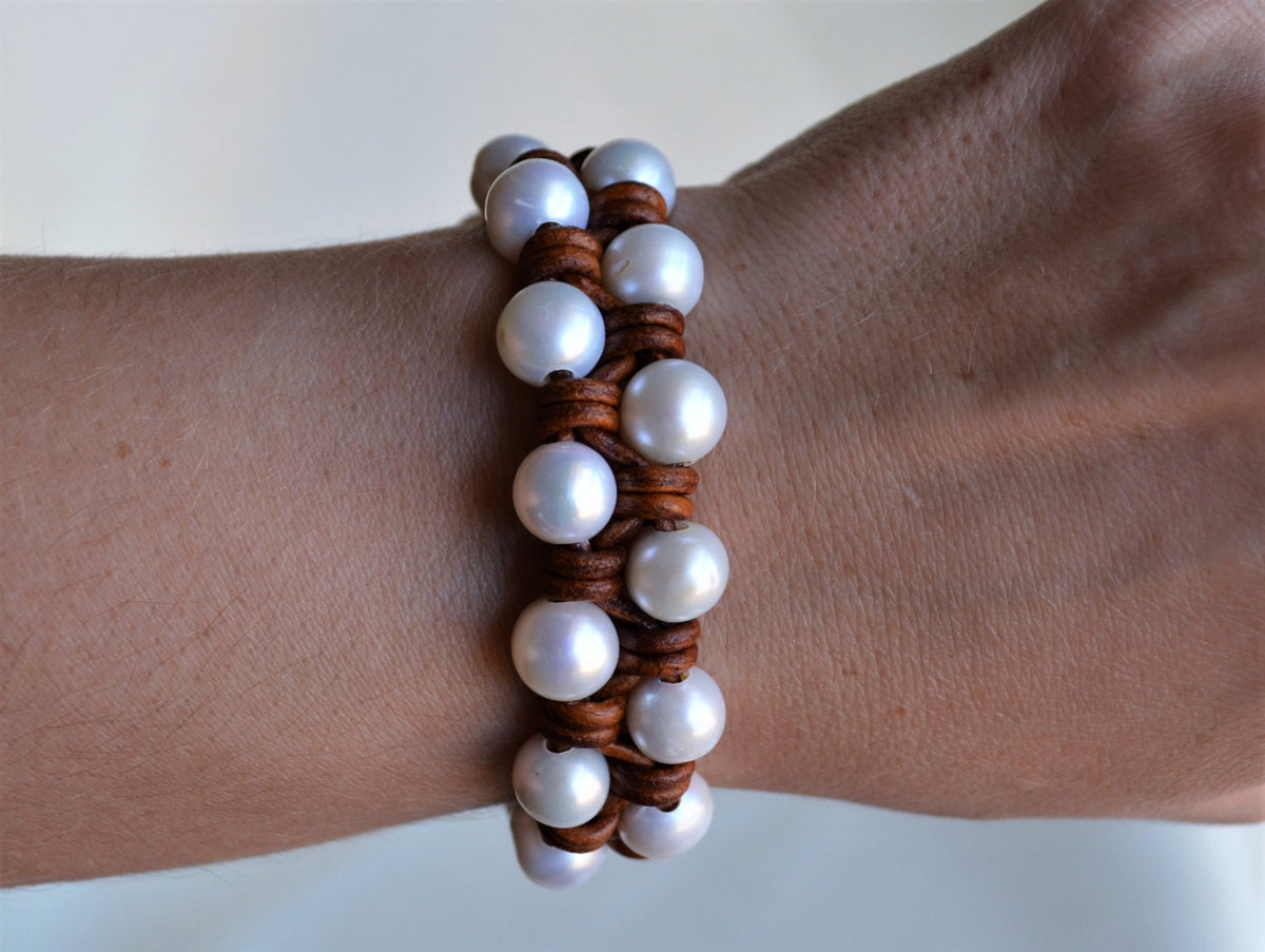 Knotted Pearl Leather Bracelet: Boho Freshwater Pearl Cuff