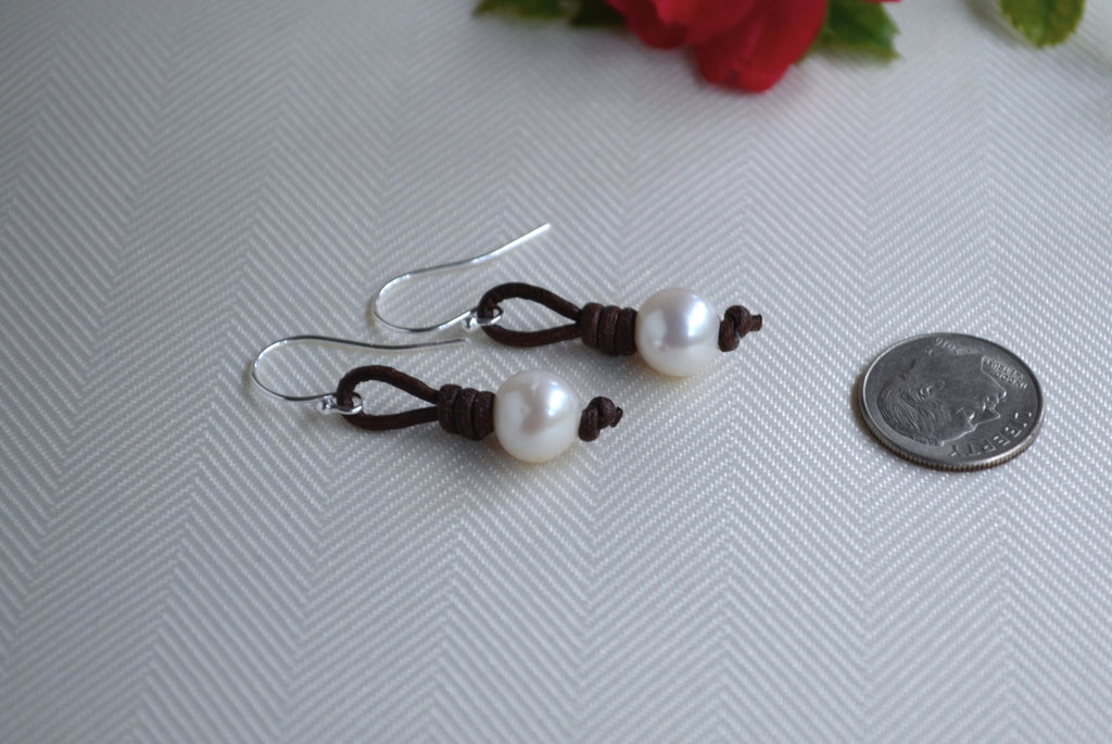 Handmade Pearl Leather Earrings: Dangle Freshwater Pearl Jewelry