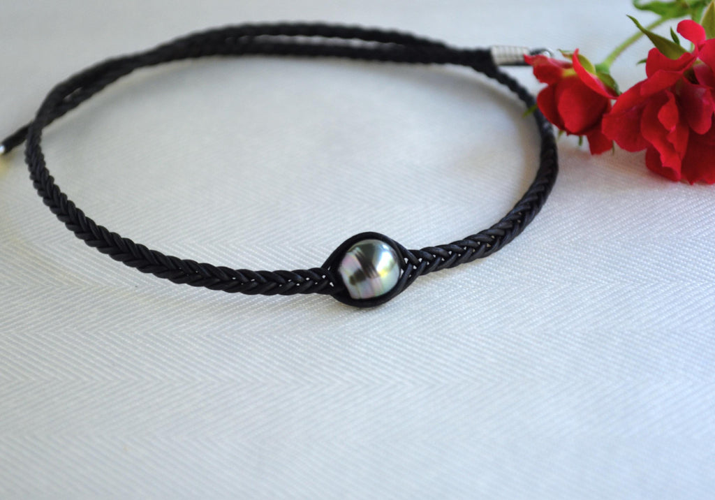 Tahitian Pearl Necklace: Braided Leather Choker, Elegant Unisex Jewelry